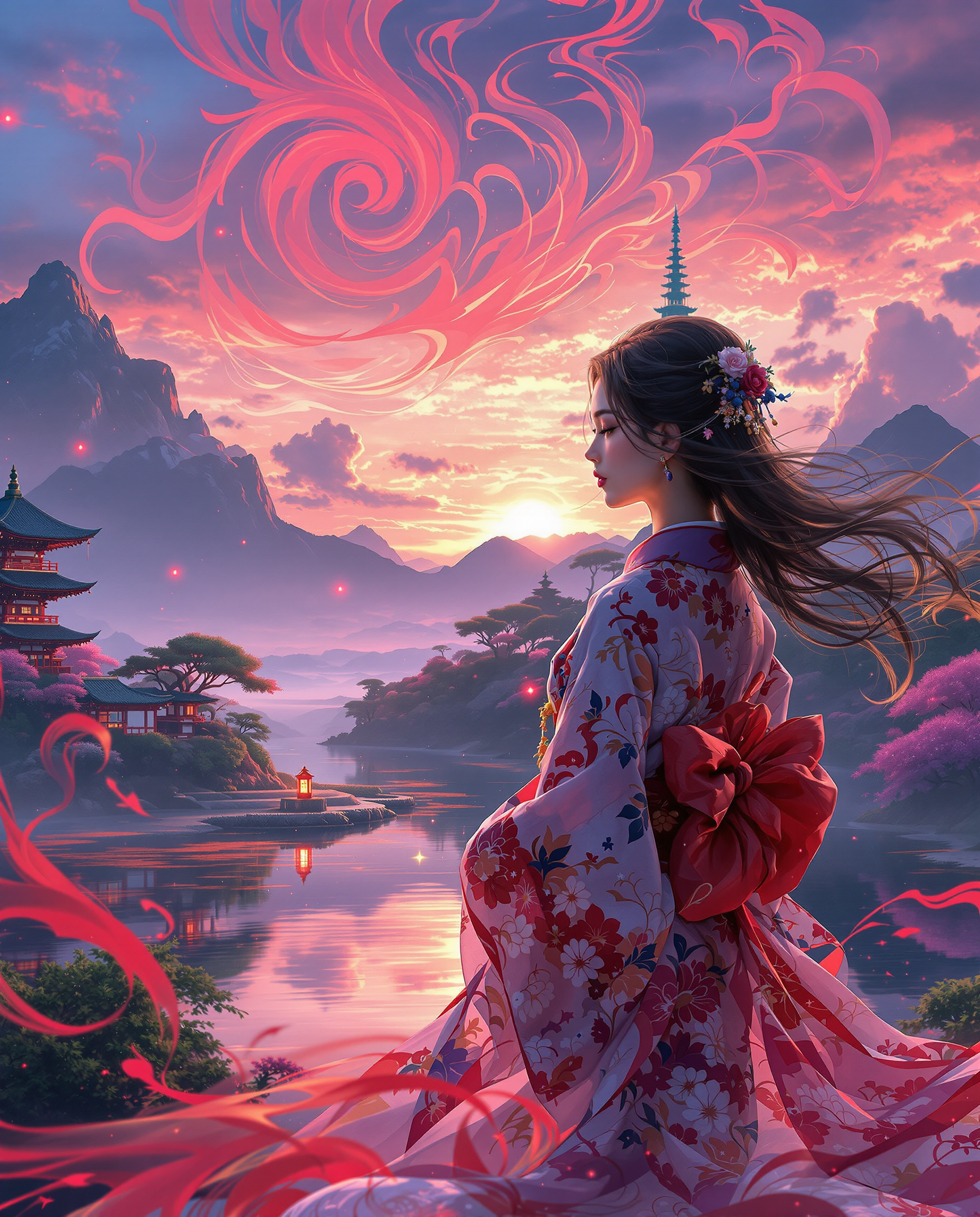 A breathtaking photorealistic digital painting of a female figure in a traditional Japanese kimono adorned with intricate floral patterns, captured from the waist down with her hair flowing dynamically, set against a dreamlike fantasy landscape. The scene showcases a multi-storied Japanese pagoda on a lush, elevated platform, mirrored in a serene body of water under a warm sunset sky painted in purples, blues, and pinks, with swirling red flame-like patterns and a mysterious red orb adding a mystical aura. Rendered with smooth color blending, cinematic lighting, and ArtStation-quality detail in 8K resolution, the composition radiates nostalgia and harmony.