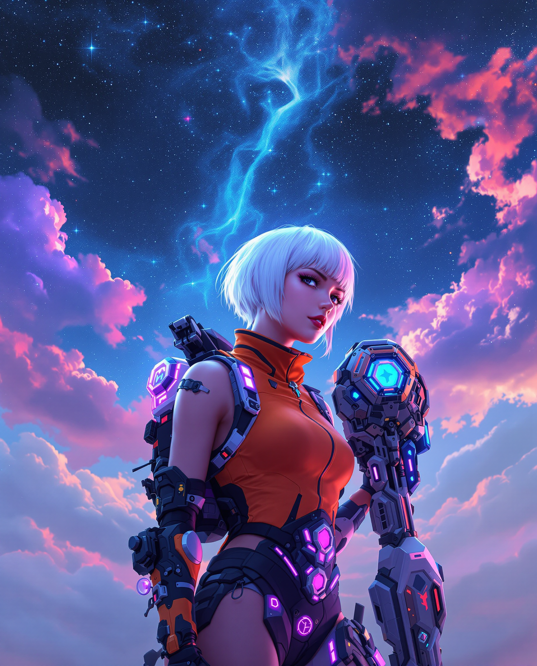 A stunning realistic photo (photograph) of a female real person digital painting of a cyberpunk female character with short, white hair and a futuristic mechanical arm on her right shoulder, standing confidently under a mesmerizing night sky. She wears a sleeveless, high-collared top in bold orange and black with purple and blue accents, paired with a jetpack-style backpack glowing with intricate mechanical details, while wielding a sword with a translucent, energy-based blade and a detailed, futuristic hilt. The background features a vast night sky with ethereal clouds, twinkling stars, and streaks of blue and purple nebulae, transitioning from deep blue to soft pink and orange hues at the horizon, captured in high-resolution detail with vibrant colors and smooth gradients.