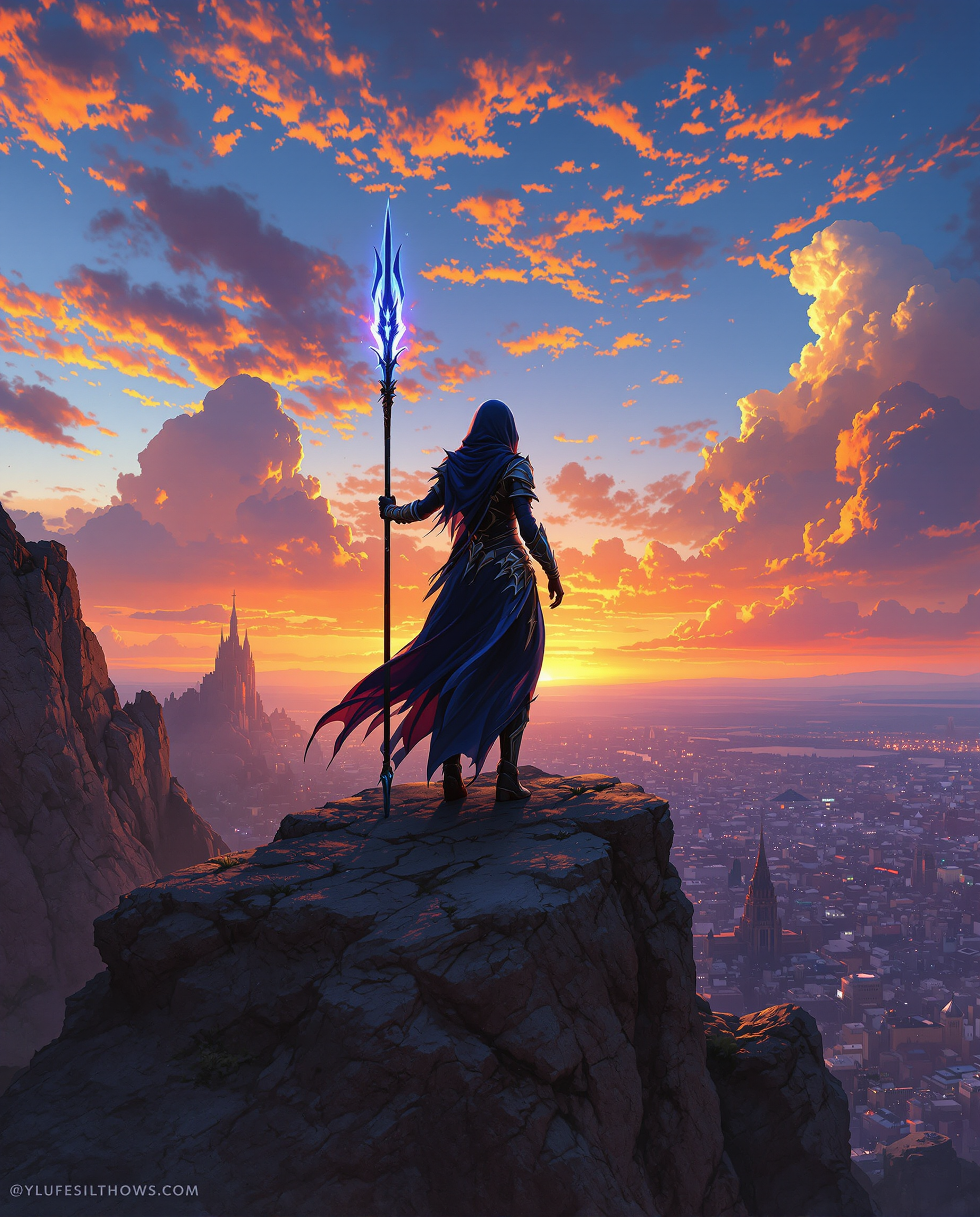 Example: A breathtaking digital painting of a female figure standing atop a rugged