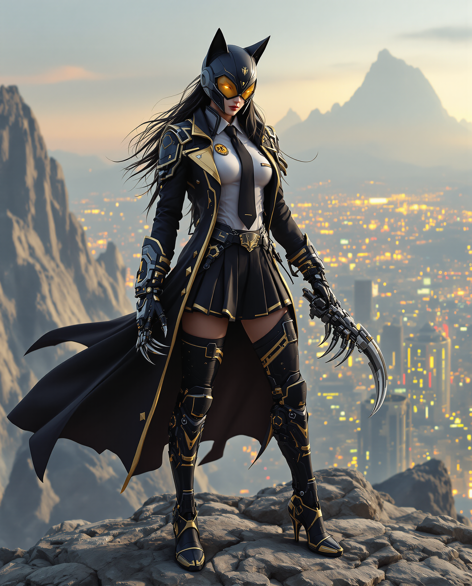 A hyper-realistic close-up digital painting of a fierce female cyberpunk character standing confidently atop a rugged mountain peak, with a sprawling cyberpunk city glowing in the distant background under a neon-lit dusk sky. She wears a futuristic black and gold uniform, including a long coat with golden trim, a white shirt with a badge, a black tie, and a pleated skirt adorned with intricate patches and emblems, paired with mechanical thigh-high boots featuring gold accents and high heels. Her sleek black helmet with catlike ears and a visor reflecting yellow light conceals her face, while long black hair flows beneath, and she wields a menacing mechanical claw weapon with sharp teeth and golden detailing on her right hand, set against a clean light-gray gradient background with soft, diffused lighting that highlights the outfit’s intricate cybernetic design in stunning 8K detail.