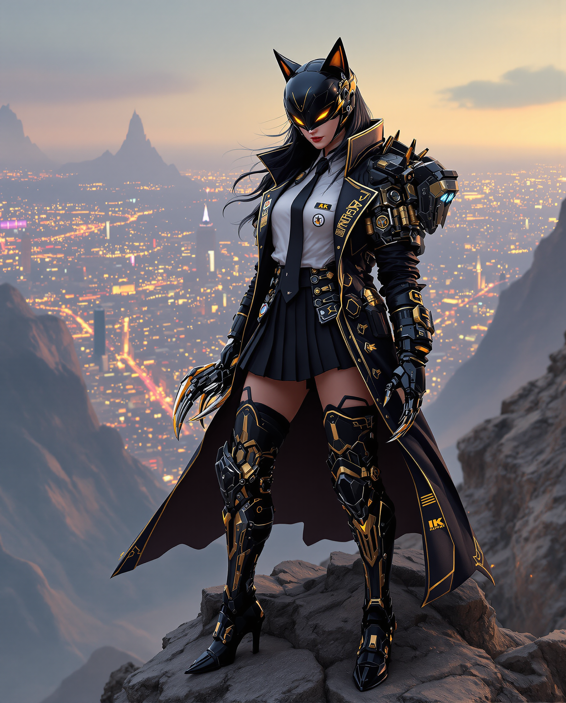 A hyper-realistic close-up digital painting of a fierce female cyberpunk character standing confidently atop a rugged mountain peak, with a sprawling cyberpunk city glowing in the distant background under a neon-lit dusk sky. She wears a futuristic black and gold uniform, including a long coat with golden trim, a white shirt with a badge, a black tie, and a pleated skirt adorned with intricate patches and emblems, paired with mechanical thigh-high boots featuring gold accents and high heels. Her sleek black helmet with catlike ears and a visor reflecting yellow light conceals her face, while long black hair flows beneath, and she wields a menacing mechanical claw weapon with sharp teeth and golden detailing on her right hand, set against a clean light-gray gradient background with soft, diffused lighting that highlights the outfit’s intricate cybernetic design in stunning 8K detail.
