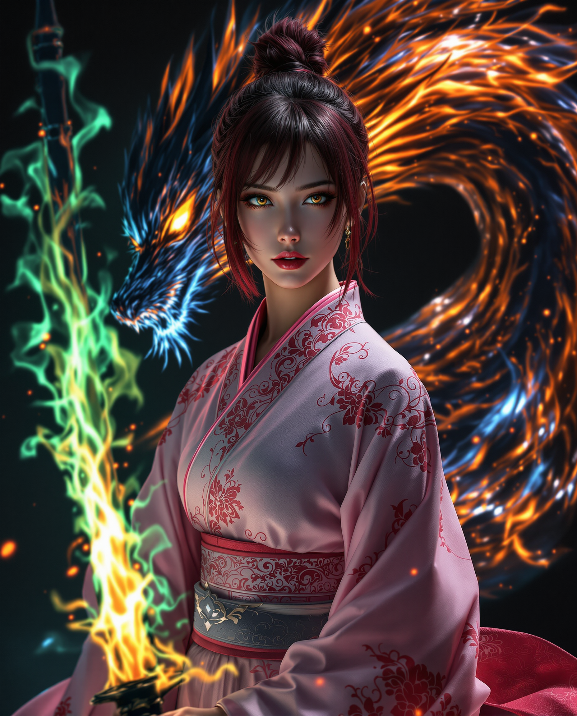 A stunning photorealistic portrait of a fierce female warrior, captured as if with a DSLR camera using a 50 mm lens, featuring shallow depth of field and cinematic lighting in 8K detail. She stands as the central figure with short, unsymmetrical dark red hair and piercing yellow eyes, clad in a flowing pink kimono with intricate red and white patterns, contrasted against a dark, near-black background. Behind her, a translucent black dragon of ethereal flames looms with glowing eyes, while she wields a blazing sword with brilliant green, yellow, and blue fire, creating a dynamic interplay of warm and cool tones under dramatic, shadowy illumination.