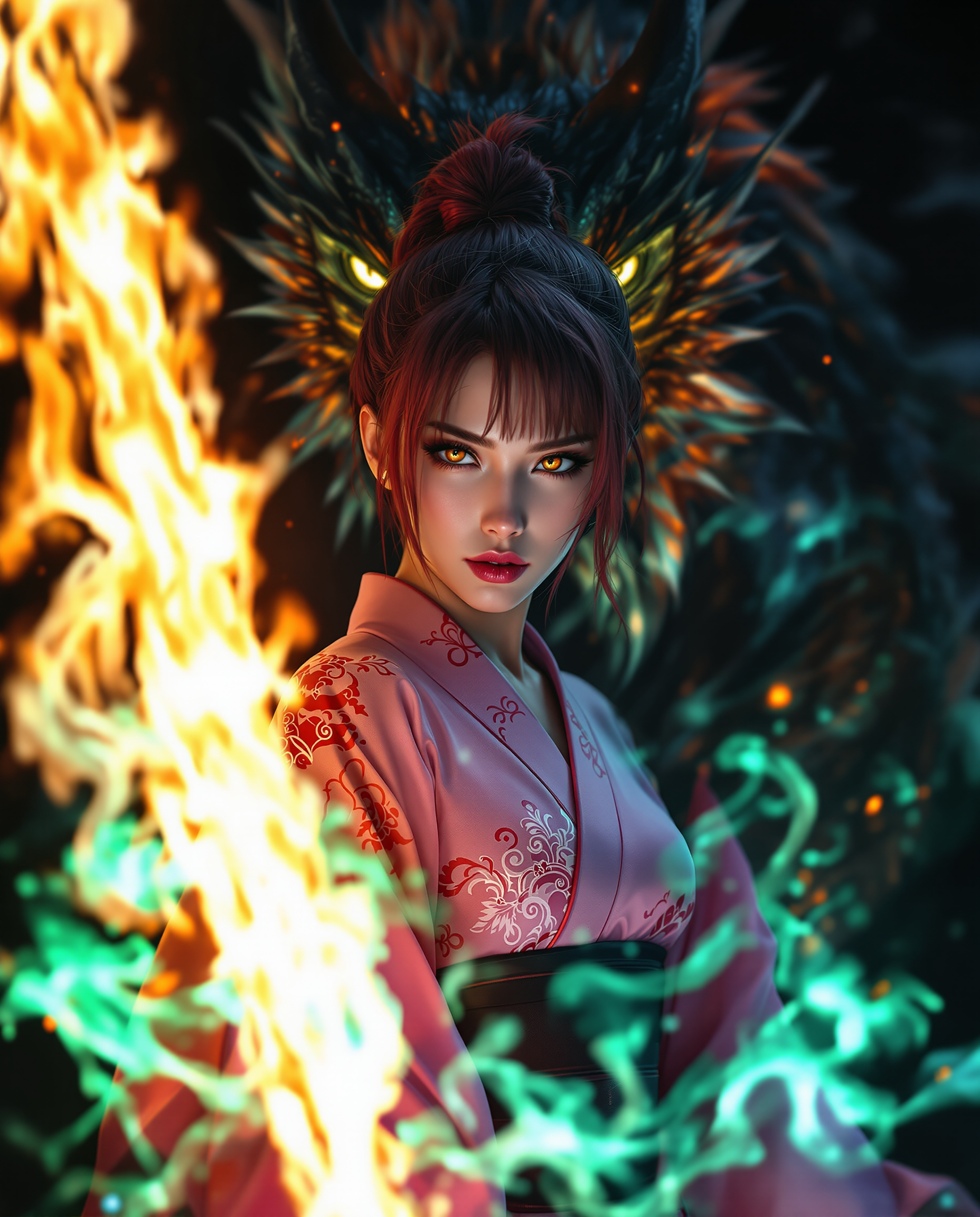 Example: A stunning photorealistic portrait of a fierce female warrior