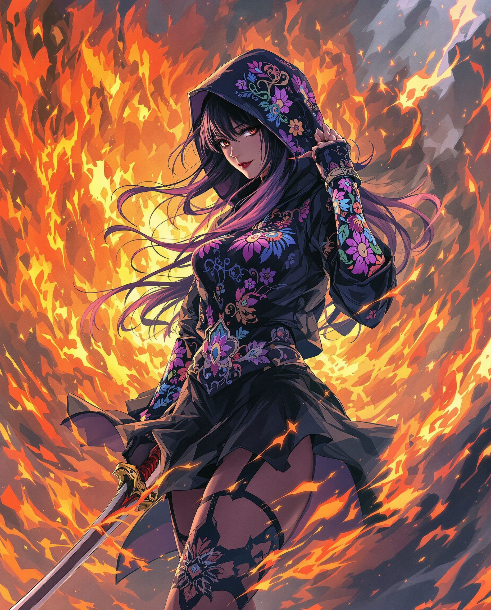 This is a realistic photo (photograph) of a female real person image that features a character with a powerful and dynamic presence. The art style is realistic, with its vibrant colors, detailed line work, and stylized characters. The medium appears to be digital painting, given the smooth blending of colors and the lack of texture that might be present in traditional mediums.The character is wearing a black hoodie with a high collar and a matching black skirt. The hoodie is adorned with intricate, colorful designs that seem to be a mix of floral and abstract shapes, with a predominance of purples, pinks, and blues. The sleeves of the hoodie are rolled up to reveal the characters arms, which are also covered in similar designs.The characters hair is long and straight, with a gradient of colors that range from dark roots to lighter ends. The hair is styled in a way that it flows down the back, and there are hints of red and yellow in the strands, which could suggest a fiery or magical aura.The character is also wearing a pair of thighhigh stockings with a black and purple design that matches the hoodie. The stockings are held up by a black garter belt with a similar design.The characters right hand is visible, and it is holding a sword with a long, curved blade and a red hilt. The sword has a dynamic, flowing design that seems to be in motion, as if the character is in the midst of a battle or a powerful action.The background of the image is filled with a chaotic explosion of fiery colors, primarily oranges and yellows, with some reds and purples. The flames are depicted in a way that they seem to be swirling and moving, creating a sense of energy and power. The fiery background contrasts sharply with the cool tones of the characters clothing, highlighting the figure as the focal point of the image.Overall, the image conveys a sense of drama, power, and mystique, with a strong emphasis on the characters presence and the dynamic energy of the scene.