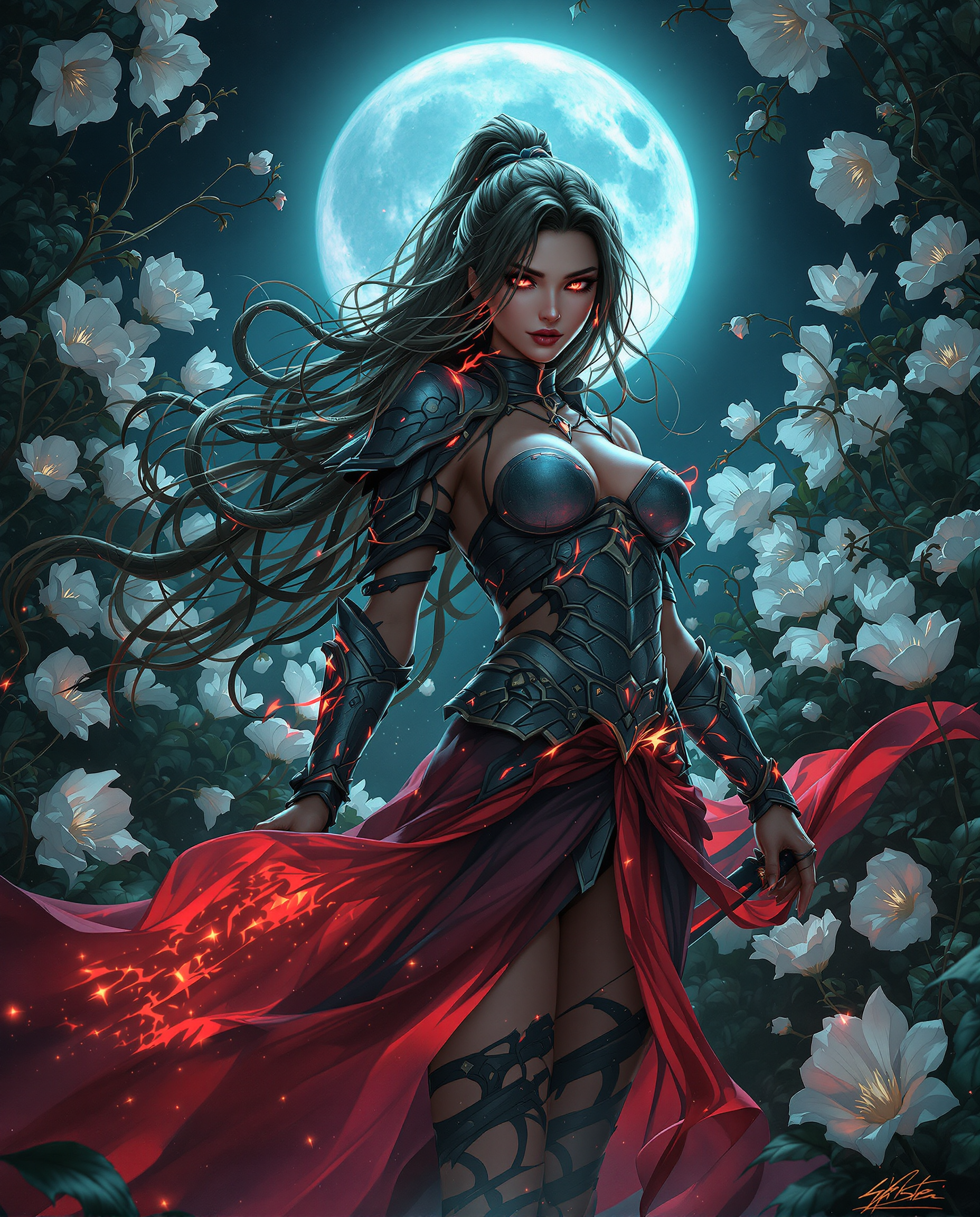 Example: A striking digital painting of a female character with a snake katana