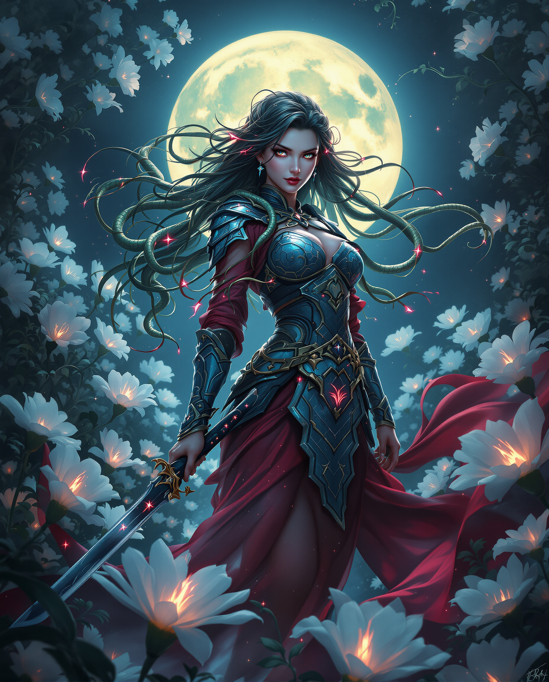 A striking realistic professional digital painting of a female character with a snake katana, blending photorealistic detail with a fantasy twist, set against a mystical night scene. Her long, flowing hair twists like vines with glowing red accents, paired with armor-like plates and flowing red fabric in greens, blues, and fiery pinks, illuminated by dramatic moonlight from a glowing full moon behind her. The background features a dense thicket of translucent white flowers, casting an ethereal, slightly ominous glow under the cool, otherworldly palette.