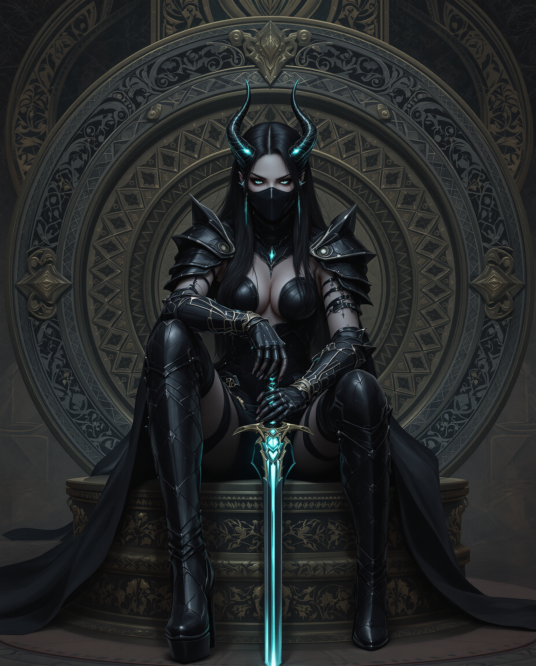 A highly detailed digital painting of a female character with gothic and cyberpunk influences, seated on an ornate, circular pedestal adorned with intricate carvings that suggest sacred importance. She wears a black armored outfit with a high collar, a mask covering her lower face, revealing only piercing eyes, and long dark hair with horn-like protrusions, while holding a katana with a black hilt and glowing gem-embellished blade sheathed in a matching scabbard. The scene is illuminated by dramatic cinematic lighting, emphasizing deep blacks, muted grays, and subtle teal-silver accents, with smooth shading and sharp textures creating a realistic yet fantastical depth in 8K resolution.