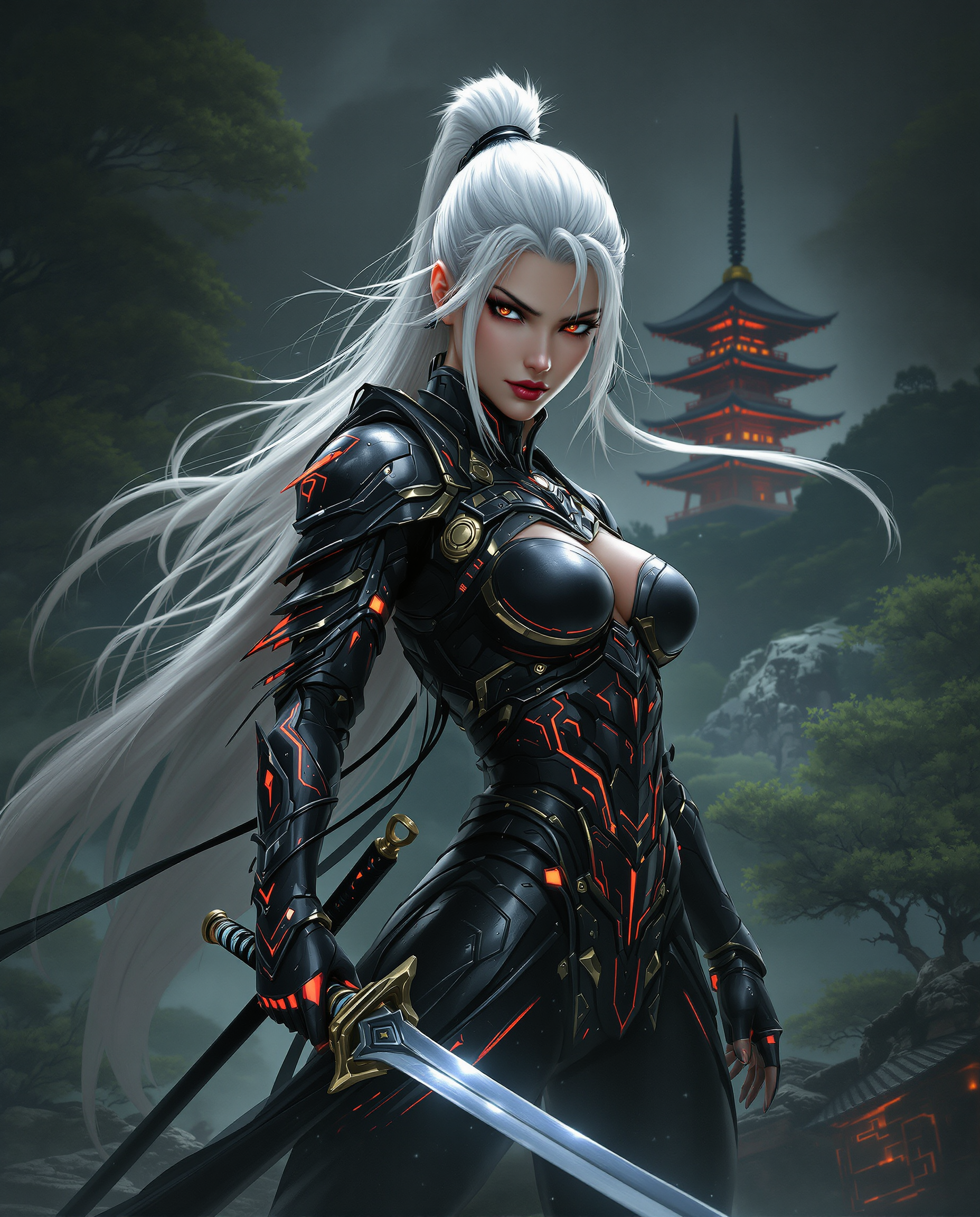 A stunning digital painting of a fierce female warrior in a dynamic, powerful stance, captured with photorealistic detail and intricate character design. She wears sleek, high-tech black armor with glowing red and gold accents, the metallic sheen reflecting cinematic lighting, contrasted by her long, flowing white hair against a moody, dark-toned background. Behind her, a stylized Japanese pagoda rises amid a serene, lush green landscape, while she wields a samurai sword, blending traditional and futuristic elements with masterful precision.
