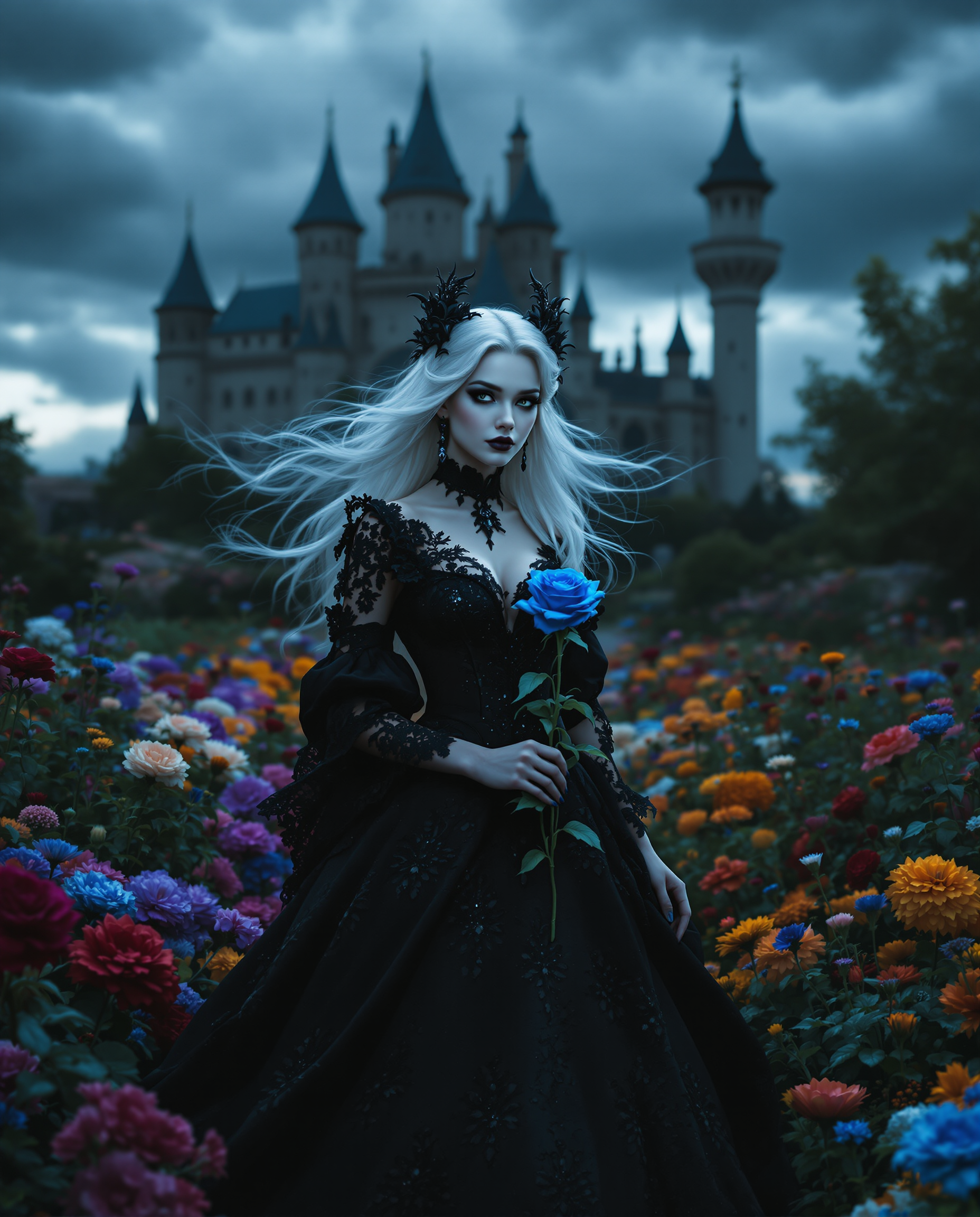 Example: A strikingly beautiful woman with a baby face with flowing white hair