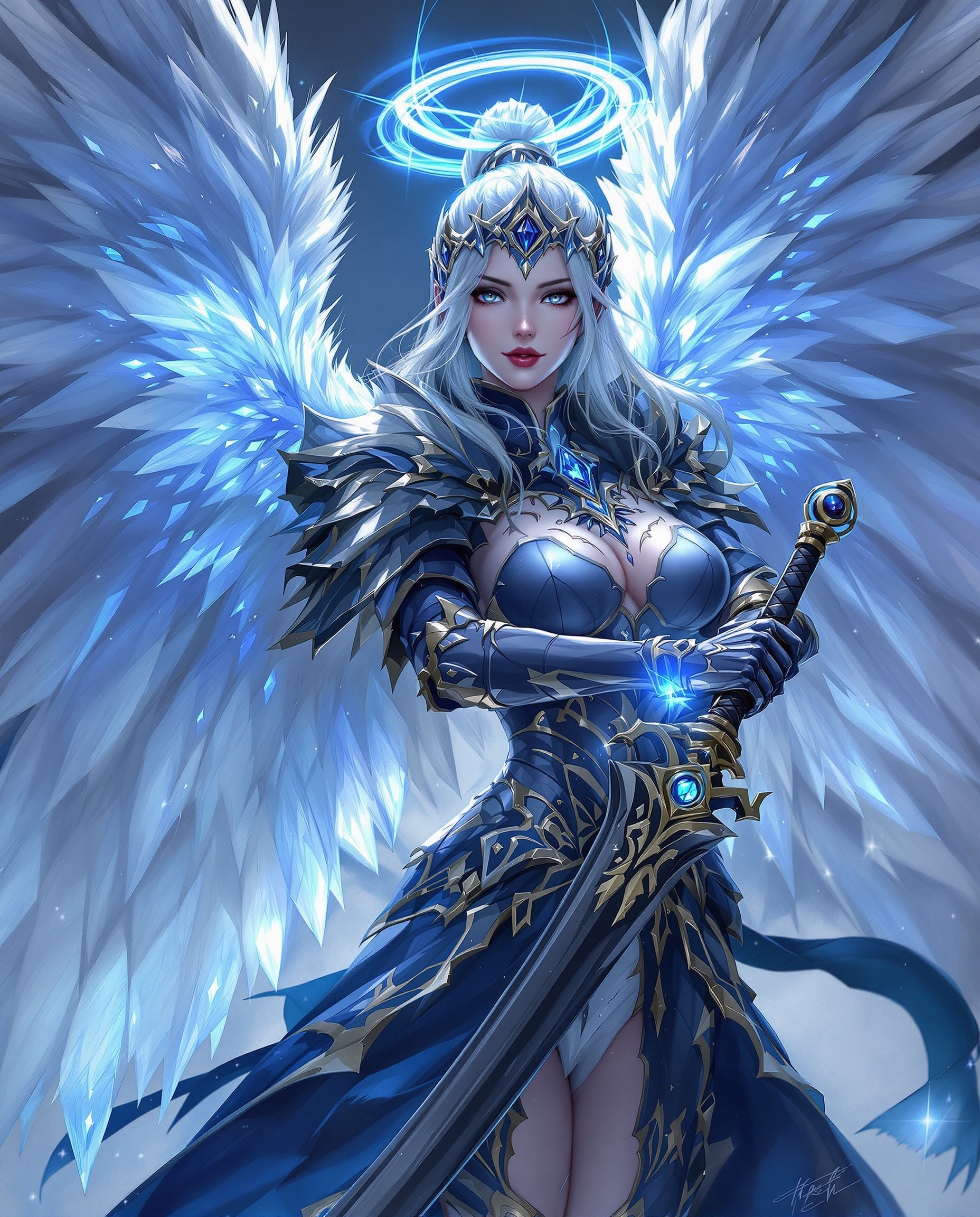 This is a high-resolution digital painting of a female fantasy warrior or angelic knight, blending photorealistic detail with Western fantasy influences. The character, clad in ornate dark blue armor with gold and silver accents, wields a katana-inspired sword with a dark curved blade and glowing orb hilt, while translucent white and blue feathered wings adorned with crystals and a glowing blue halo enhance her ethereal presence. Rich blues, greys, whites, and golds create a cool, icy atmosphere, with cinematic lighting and intricate textures emphasizing the metallic sheen of armor and the delicate play of light and shadow.