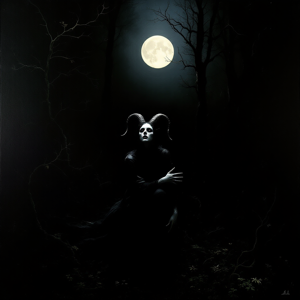 score_9, score_8_up, score_7_up, score_6_up, rating_explicit, Chiaroscuro oil painting, dark night, pale witch in the moonlight, horned woman mourning in a dark wooded grove, otherworldly, oil painting, dark background, gothic romanticism, symbolist, baroque, erotic, ritual sexuality, vivid color, graphic, dark, folk horror, black shadows, horns, goat woman, hooves <lora:emanueletaglietti_pony_v1:1>