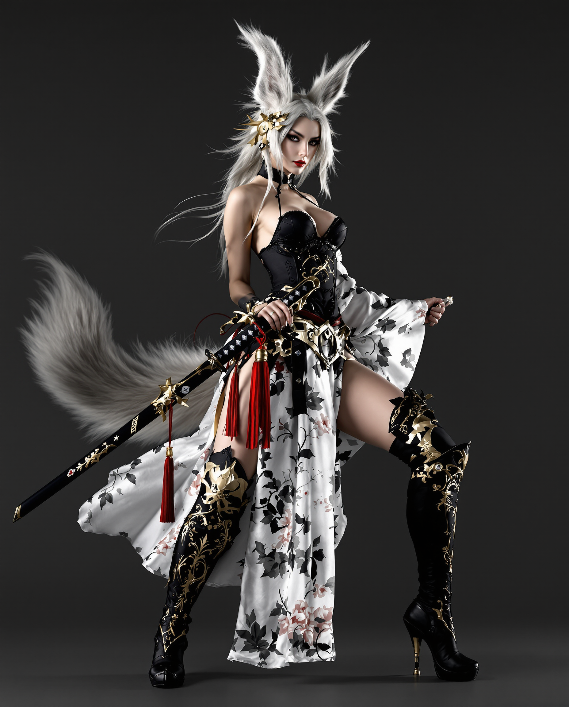 A hyper-realistic DSLR photo captures a fierce female character, a blend of samurai and mythical kitsune, with foxlike ears and a flowing white tail, poised in a dynamic, action-ready stance with one leg slightly lifted. Her detailed samurai outfit features a sleeveless black corset with lace, a white floral-patterned kimono draping over one shoulder, and ornate thigh-high boots with gold accents, paired with a striking black katana adorned with gold and a red tassel. Shot with a 50mm lens in cinematic lighting, the monochromatic black-and-white palette with gold highlights enhances her elegance and mystique in stunning 8K detail.