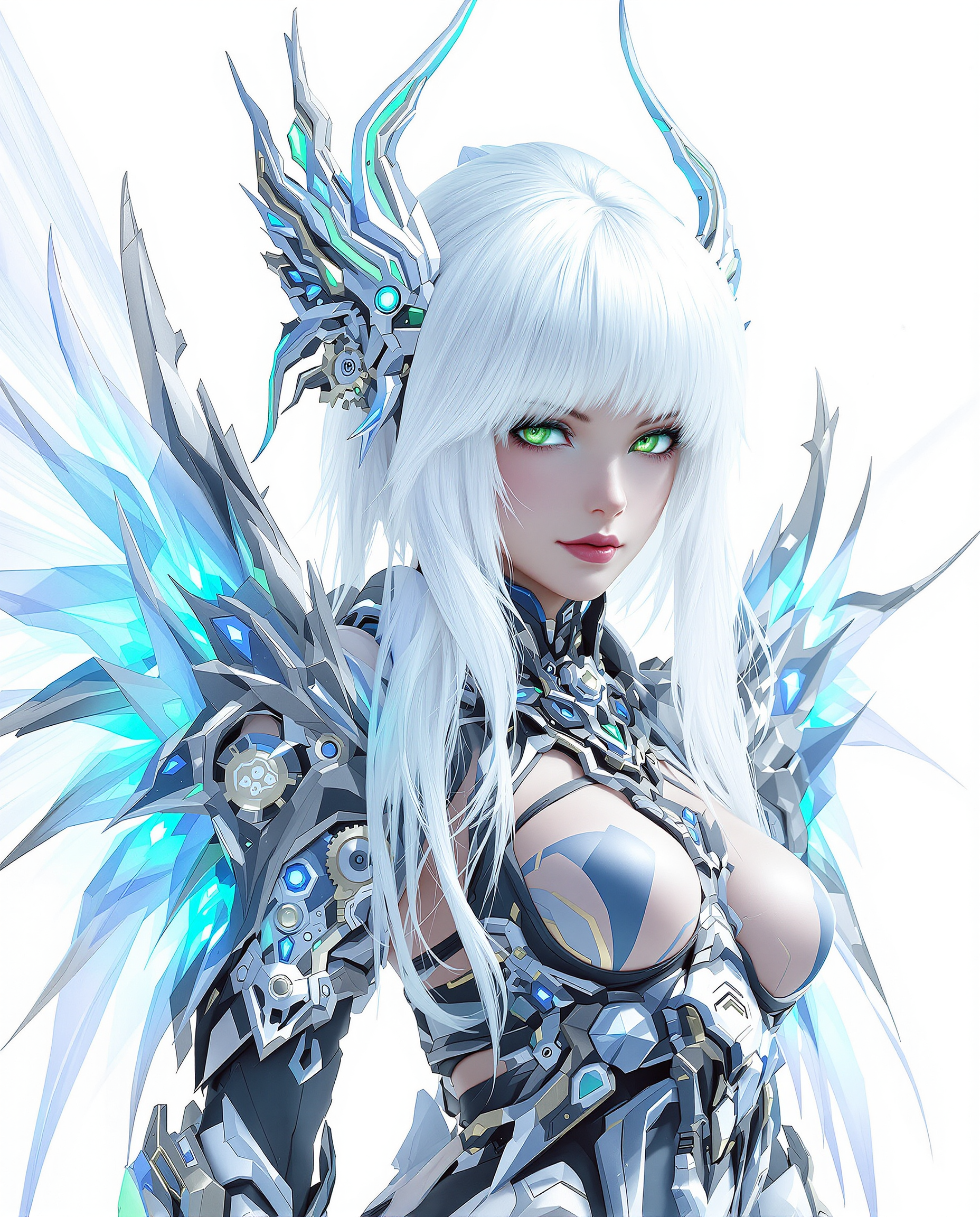 Example: A photorealistic digital painting of a female humanoid character with a cyberpun