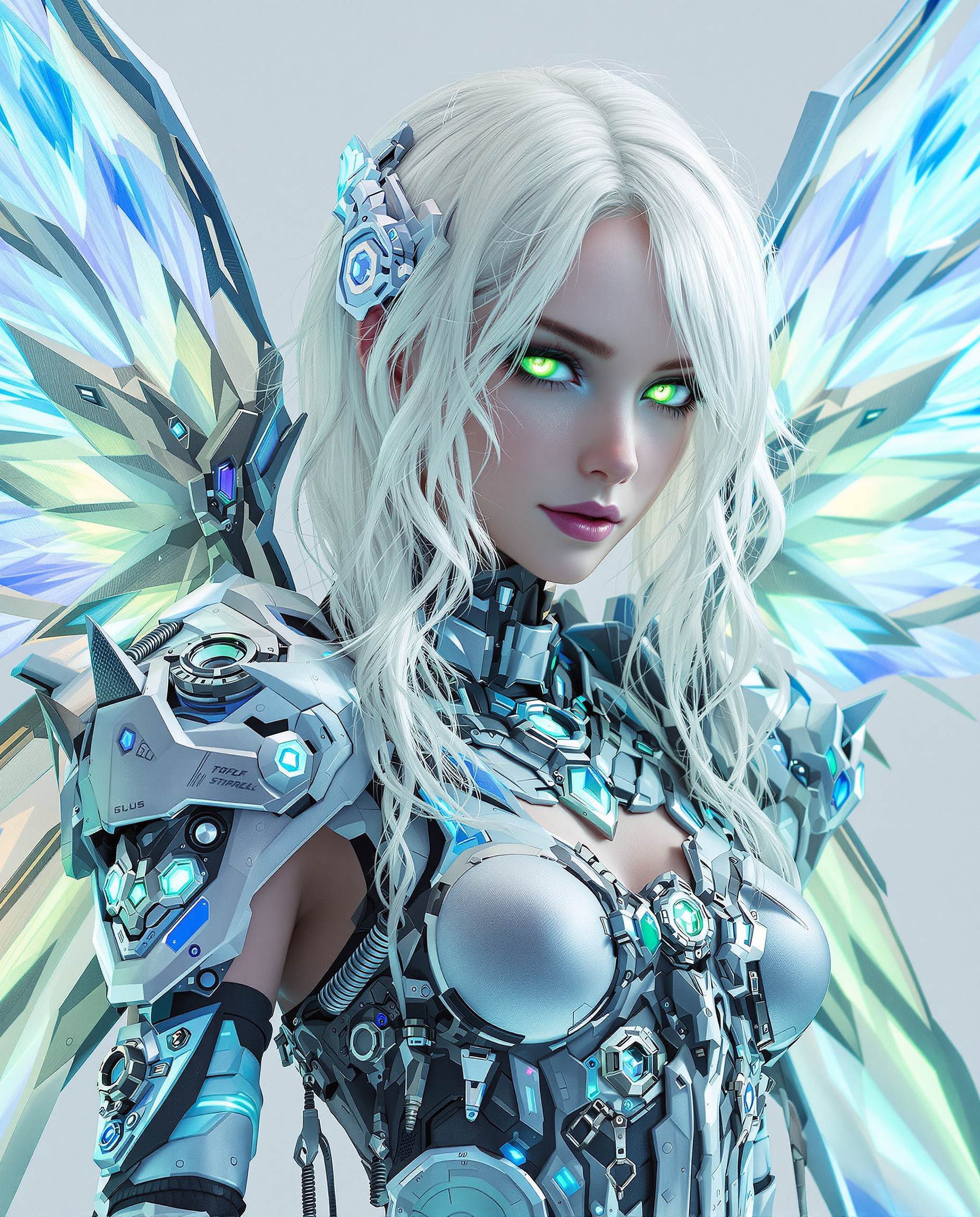 Example: A photorealistic digital painting of a female humanoid character with a cyberpun