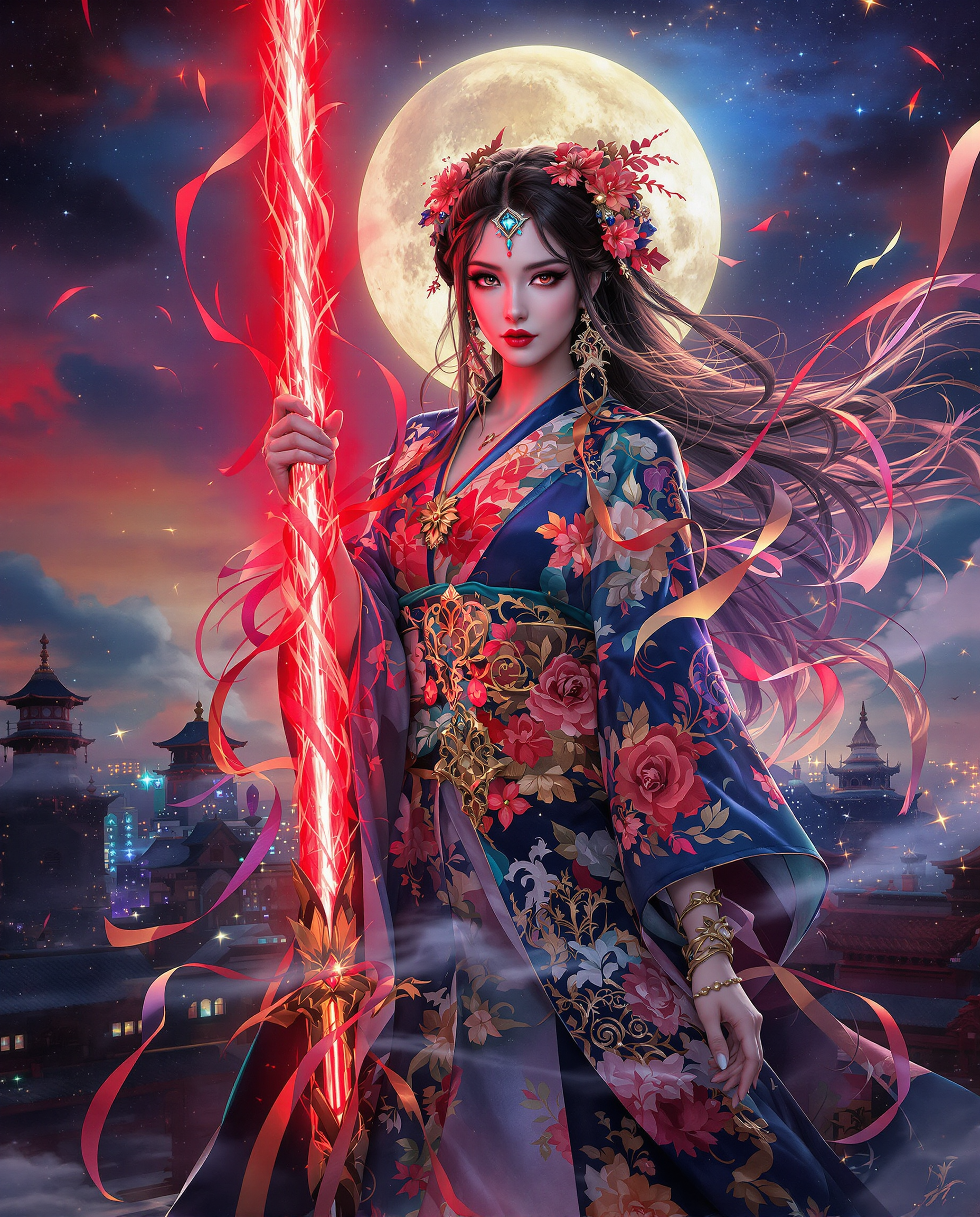A stunning high-resolution digital painting of a mystical female figure, captured in a photorealistic style with exaggerated features like large, expressive eyes and long, flowing hair adorned with floral accessories. She wears a richly patterned kimono with floral motifs, standing before a glowing red sword with ornate ribbons, emanating magical energy, set against a vibrant night cityscape under a full moon, with warm reds and oranges contrasting cool blues and purples, enhanced by ethereal lighting and intricate shadow play in 8K detail.