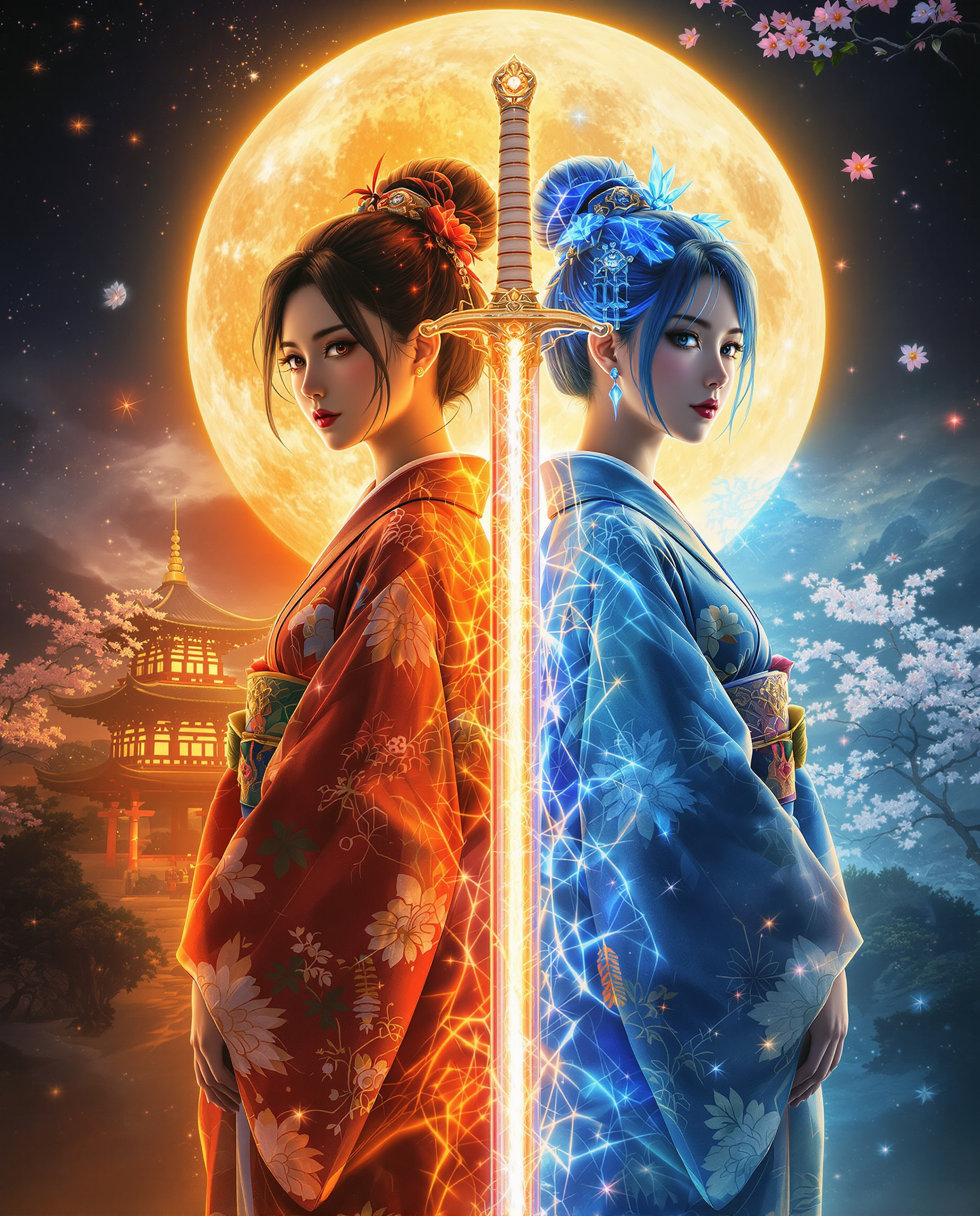 A stunning digital painting captures two female figures standing back-to-back, each embodying a distinct elemental force, dressed in intricate traditional Japanese kimonos with realistic details and expressive eyes. The left figure radiates a fiery aura in vibrant reds and oranges, while the right exudes a cool, icy presence in shimmering blues, their contrast heightened by a glowing sword bisecting the scene with dual-colored light, set against a detailed full moon casting soft golden glow over a misty Japanese pagoda and stylized cherry blossoms in the background. The composition blends traditional Japanese aesthetics with fantasy, enriched by dynamic colors, smooth blending, and a cinematic depth that enhances the interplay of opposing forces.