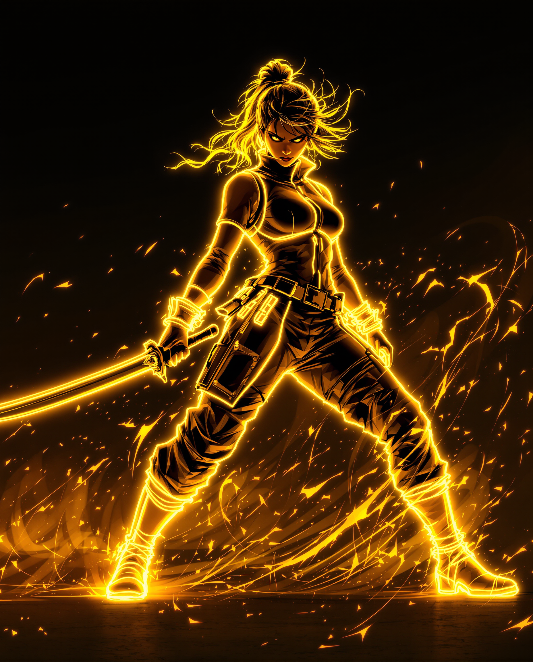 A striking digital illustration of a fierce female warrior in a dynamic combat pose, captured in a neon art style with glowing, bright yellow outlines that create a vivid three-dimensional effect against a deep black background. Her windswept, messy hair and black outfit—complete with a high collar, utility belt, and glowing yellow-accented pants and boots—emphasize her powerful stance, wielding a sword or whip with intense determination. The cinematic lighting and vibrant shades of yellow, orange, and white evoke energy, danger, and fiery strength in stunning 8K detail.