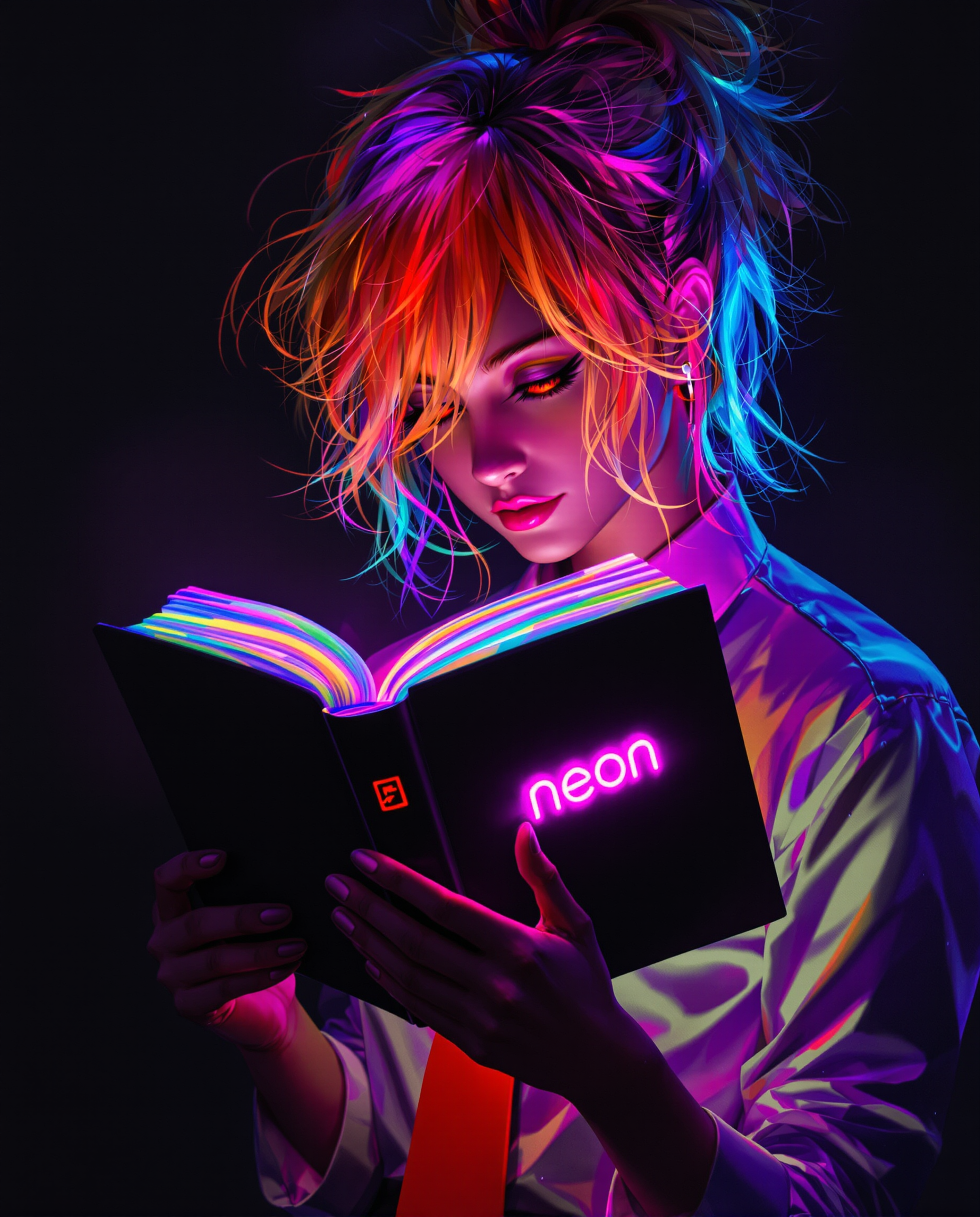 A stunning digital painting of a female character deeply engrossed in reading an open book, wearing a crisp white shirt and a bold red tie, set against a dark, moody background. The book’s black cover features a neon pink logo reading "neon," with pages glowing in a vibrant spectrum of blues, purples, pinks, and yellows, casting a surreal light. Her tousled hair transitions from warm orange to cool blue with purple and pink streaks, illuminated from behind, while her fiery red, focused eyes glow with intensity, rendered in high detail with smooth gradients and dynamic neon lighting effects.