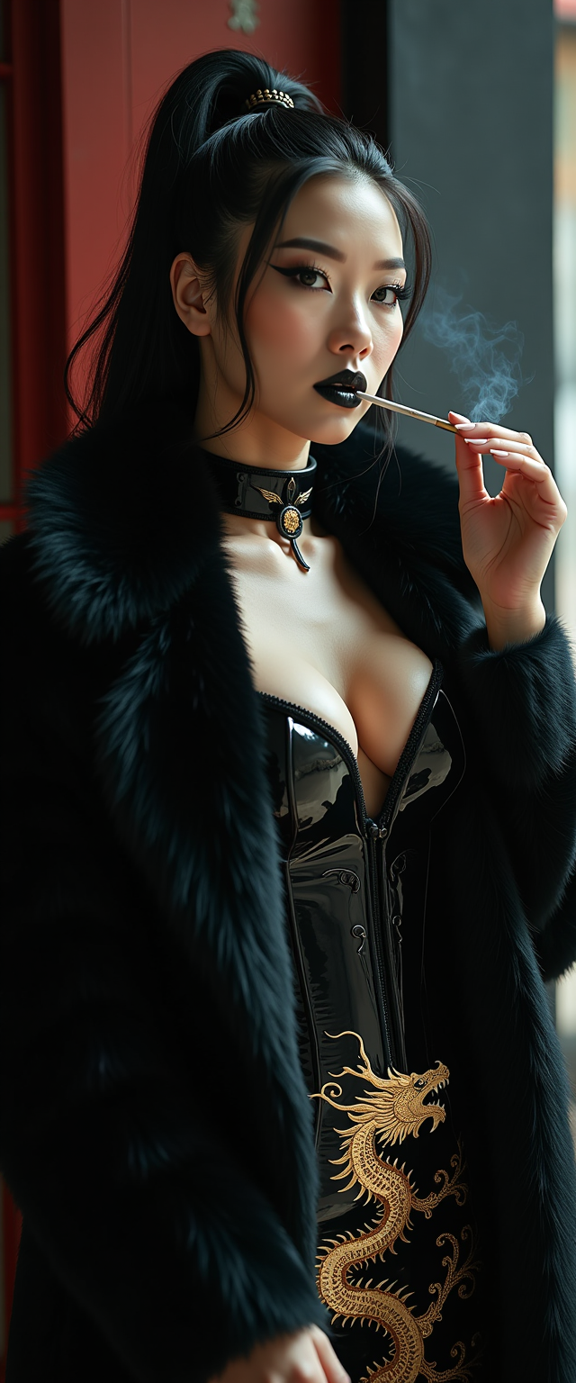 A striking mid-30s asian vampire queen with pale, porcelain skin and thick, voluminous shiny raven black hair cascading  down her shoulders in a high ponytail exuding dark elegance. She wears a luxurious black fur coat over a shiny black latex corset and a slit qipao decoratedwithagolden asian dragon, her heavy gothic makeup, shiny black lips, and nails enhancing her menacing allure as she smokes a slim cigarette. Captured in photorealistic detail with cinematic lighting, soft shadows, a shallow depth of field, and the precision of an 8K DSLR shot using a 50mm lens, the scene radiates haunting sophistication.