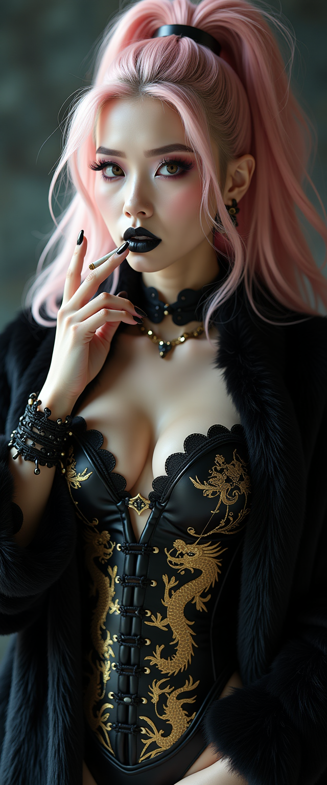 A striking mid-30s Asian vampire queen with pale, porcelain skin and thick, voluminous cotton candy pink hair cascading down her shoulders in a high ponytail commands attention with dark elegance. She wears a luxurious black fur coat over a shiny black latex corset and a slit qipao adorned with a golden Asian dragon, her heavy gothic makeup, shiny black lips, and nails amplifying her menacing allure as she smokes a slim cigarette. Captured in photorealistic detail with cinematic lighting, soft shadows, and the precision of an 8K DSLR shot using a 50mm lens, this full-body portrait radiates haunting sophistication against a dimly lit, opulent gothic backdrop.