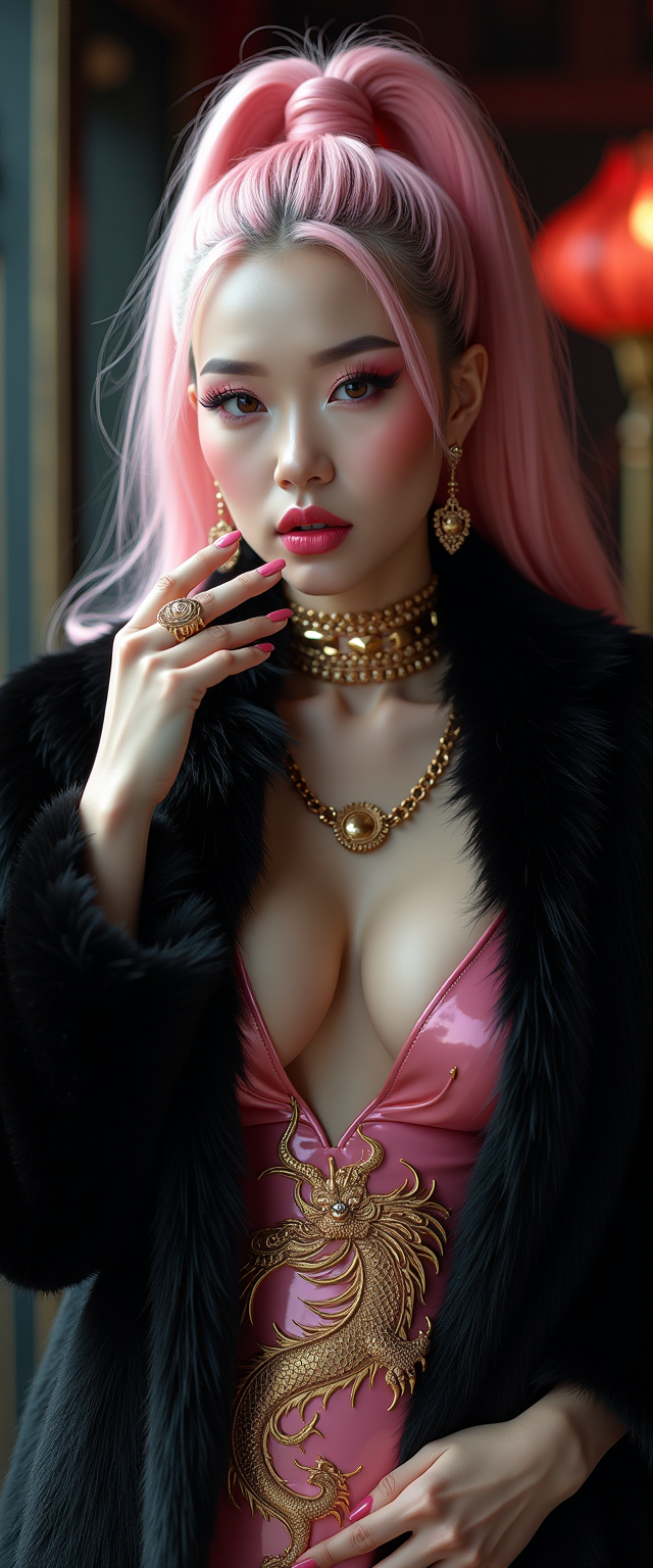 A striking mid-30s Asian vampire queen with pale, porcelain skin and thick, voluminous cotton candy pink hair cascading down her shoulders in a high ponytail commands attention with dark elegance. She wears a luxurious black fur coat over a shiny pink latex slit qipao adorned with a golden Asian dragon, her heavy gothic makeup, shiny pink lips, and nails amplifying her menacing allure as she smokes a slim cigarette. Captured in photorealistic detail with cinematic lighting, soft shadows, and the precision of an 8K DSLR shot using a 50mm lens, this full-body portrait radiates haunting sophistication against a dimly lit, opulent gothic backdrop.