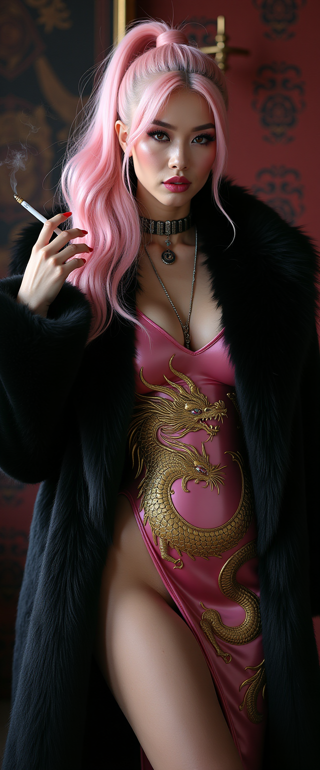 Example: A striking mid-30s Asian vampire queen with pale
