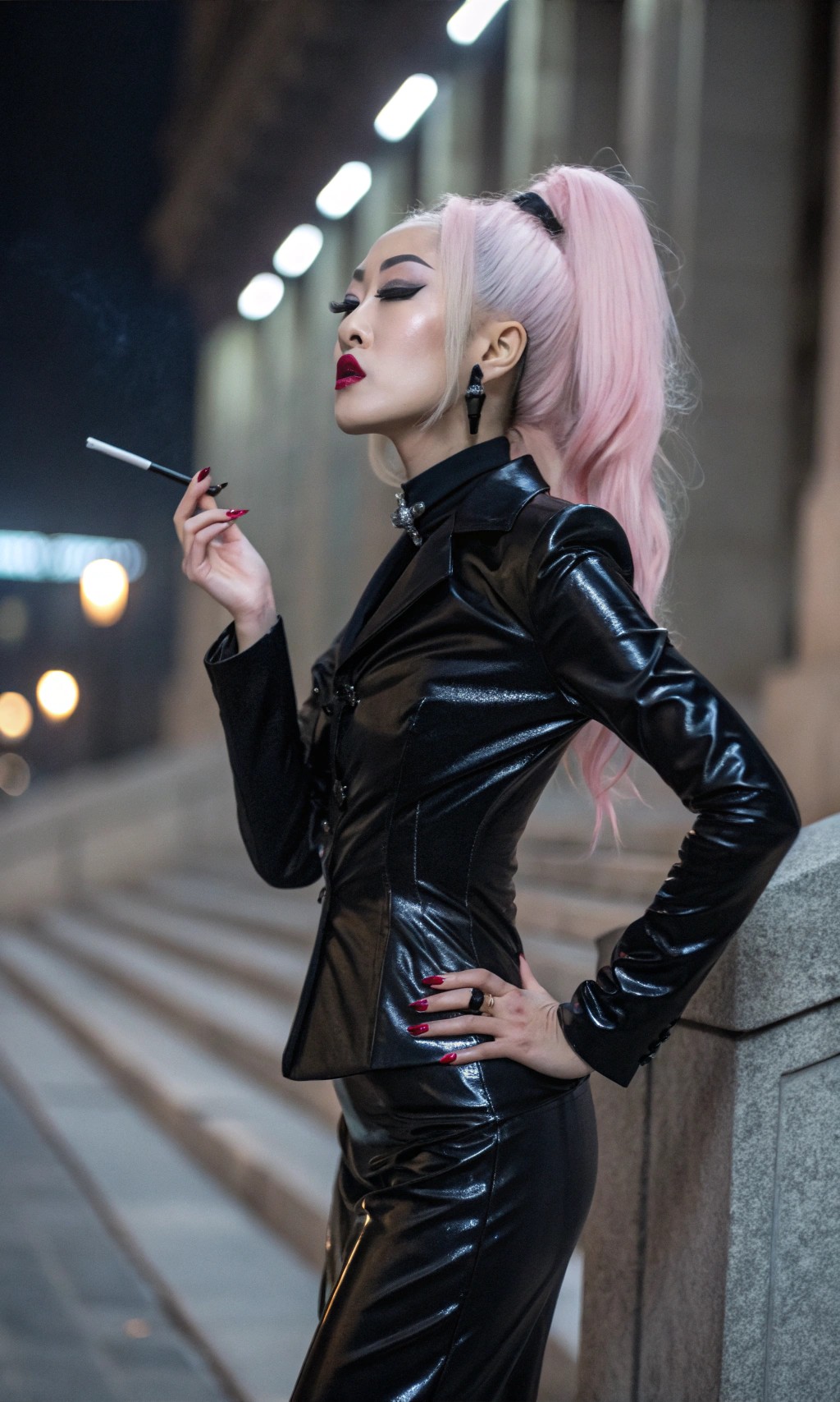 A striking mid-30s Asian vampire queen with pale, porcelain skin and thick, voluminous cotton candy pink hair cascading from a high ponytail commands attention with dark elegance, her shiny black latex business suit accentuating her menacing allure binds her large breasts. Her heavy gothic makeup, shiny pink lips, and matching nails intensify her haunting sophistication as she smokes a slim cigarette, captured in a full-body portrait, cinematic lighting, soft shadows, and a 50mm DSLR lens. Set against a dimly lit, opulent hotel lobby with rich velvet textures and intricate carvings, the scene exudes an eerie, regal atmosphere.