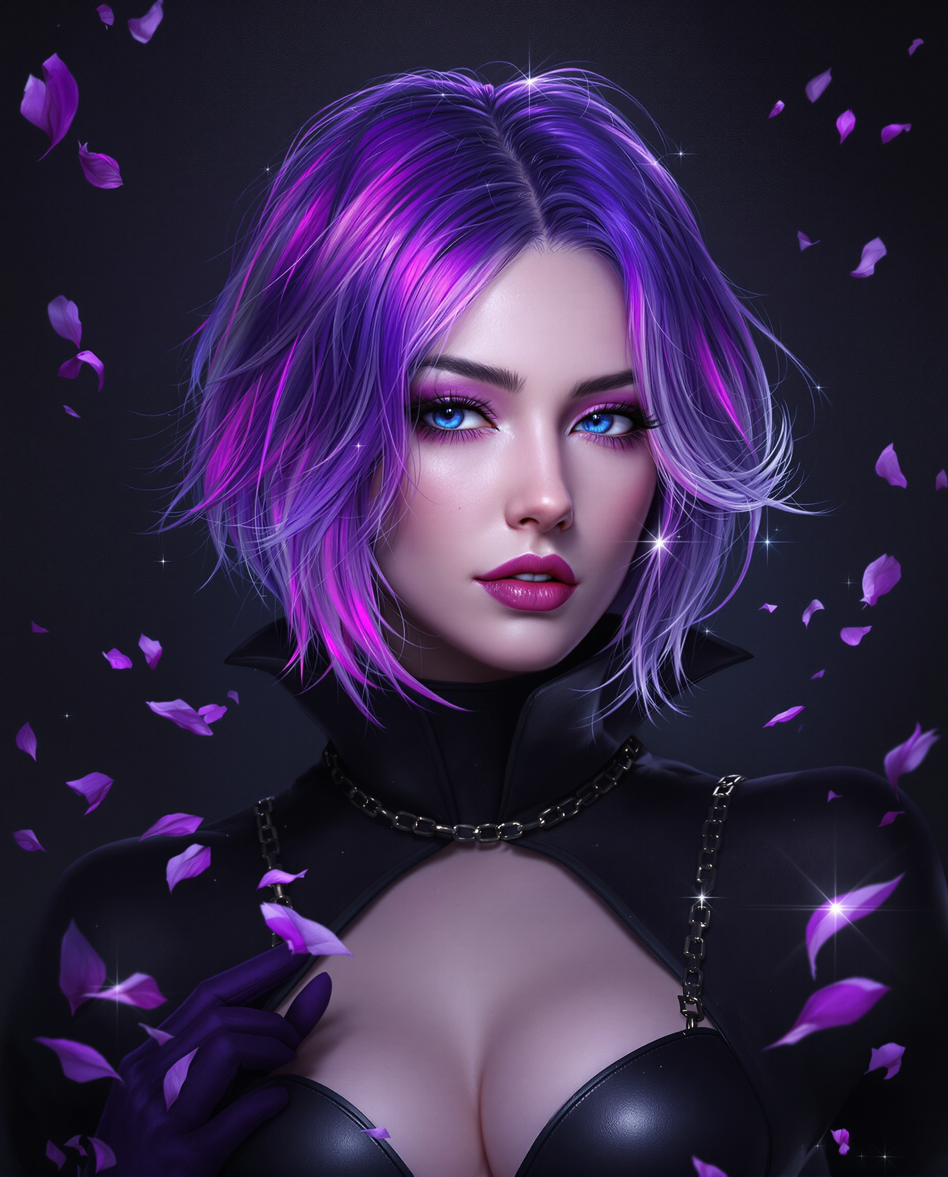 A captivating digital painting of a female character with striking purple hair, styled in a dynamic gradient from deep violet to lighter tones at the ends, set against a dark, moody background. Her outfit, a high-necked black and purple ensemble with a wide collar, gloves, and metallic accents, complements the bondage theme, accentuated by a subtle chain and scattered petals with sparkles. Dramatic cinematic lighting casts deep shadows and vivid highlights, enhancing the ethereal atmosphere with rich purples and blues in 8K detail.
