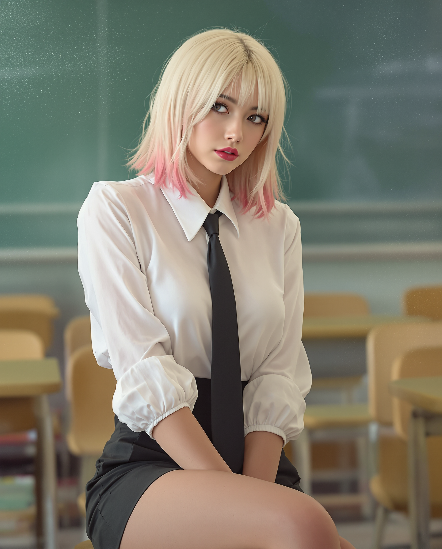 Example: A highly realistic digital painting of a stylized female figure in a classroom s