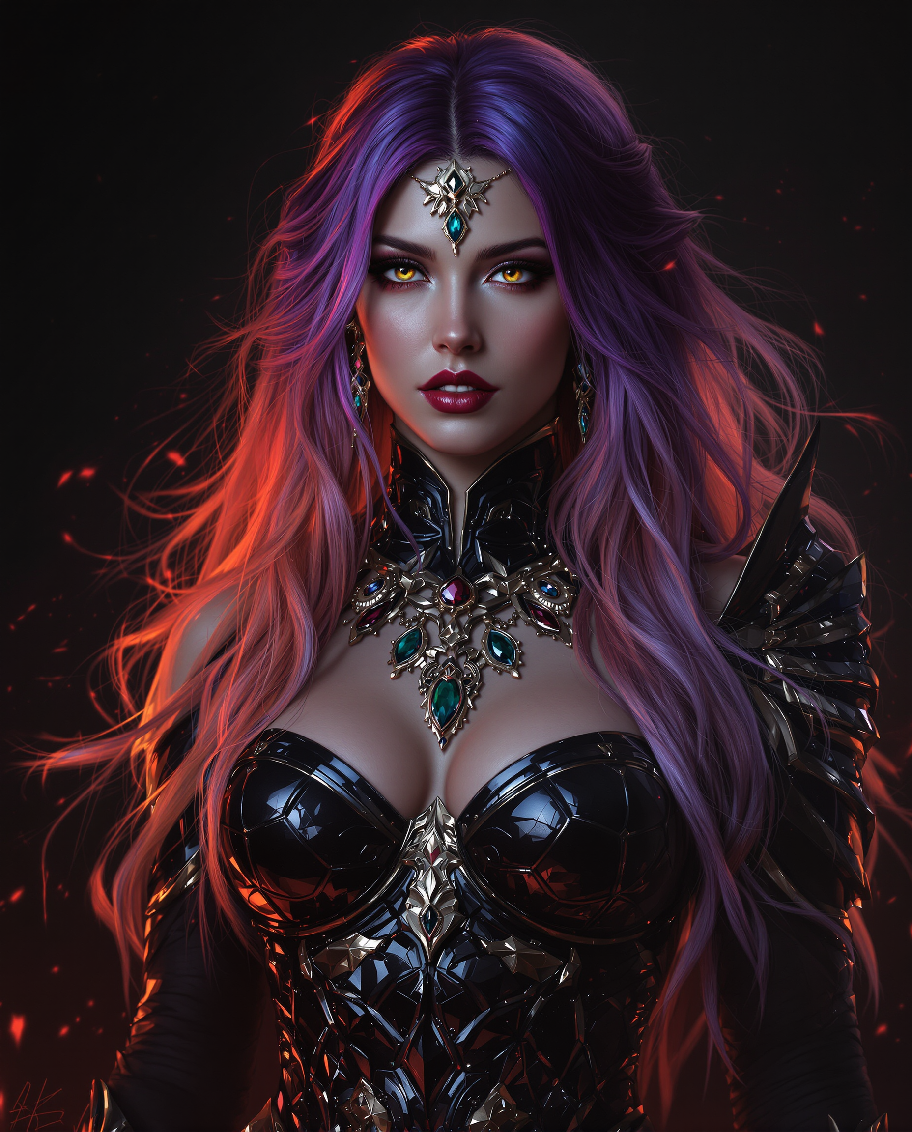 A hyper-realistic digital painting of a female fantasy character, captured with intricate detail and a three-dimensional quality, as if taken by a DSLR camera with a 50mm lens and shallow depth of field. Her hair, a striking gradient of purples and blues fading into fiery reds and oranges, is adorned with opulent jewelry, while her black, armor-like bodice gleams with metallic textures under cinematic lighting. Set against a dark, ominous background with hints of fiery red and orange, the composition centers her commanding presence in 8K resolution, exuding a moody, dramatic atmosphere.