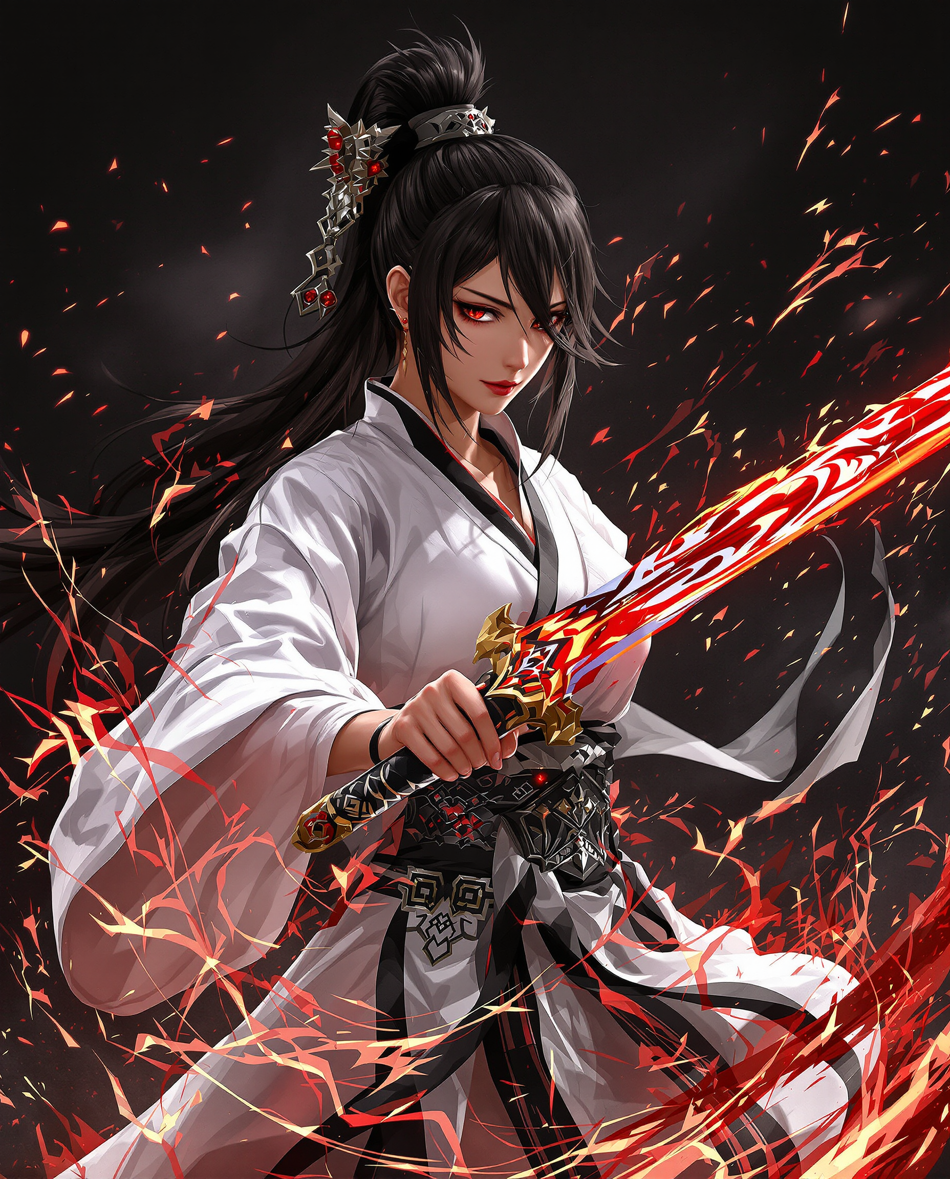 A stunning digital painting of a fierce female warrior with a commanding presence, captured in a photorealistic style featuring clean lines, bold outlines, and vibrant colors dominated by black, white, and fiery red. She wears striking white attire with black and red accents, her traditional Japanese hairstyle framing her face with red-highlighted strands, while wielding a sword with a glowing red blade and flame-patterned design, set against a dark background with floating sparks and embers adding intense drama. The artwork showcases smooth color blending, intricate details on the ornate sword hilt, and a cinematic atmosphere with 8K detail.