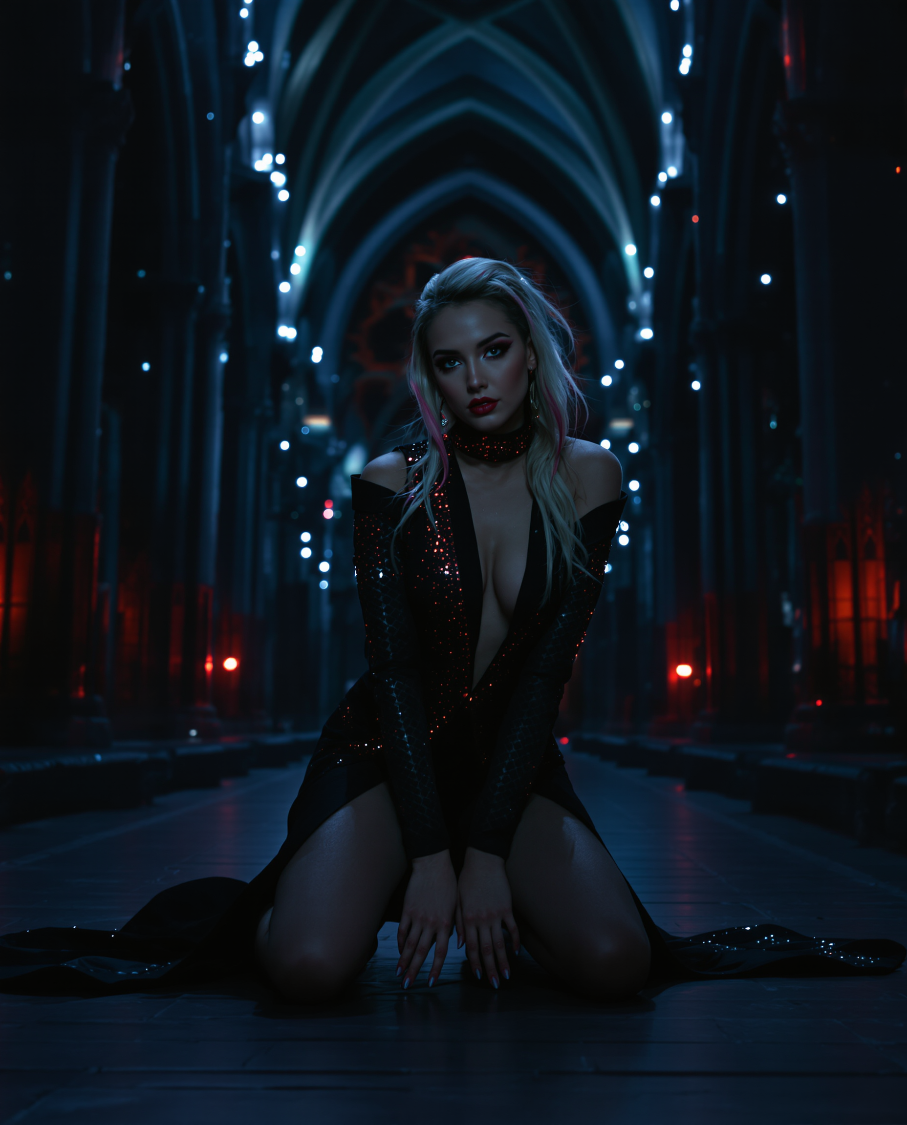This image is a realistic photo (photograph) of a female real person digital artwork that showcases a blend of fantasy and modern art styles. Lets break down the artistic elements Composition The subject is centrally placed, which is a common compositional technique that draws the viewers eye directly to the focal point. The figure is posed in a dynamic, kneeling position that adds movement and energy to the composition. The background is rich and detailed, with gothic architecture and sparkling lights, which provides depth and contrast to the figure. The use of perspective is subtle but effective, with the vanishing point drawing the eye through the image. The color palette is dark with strategic pops of light, which creates a dramatic and moody atmosphere. Lighting The lighting in the image is dramatic and moody, with a focus on the figure and the sparkling lights in the background. The lighting on the figure is soft and highlights the curves and textures of the clothing, giving the image a three dimensional quality. The lighting in the background is harsher, casting shadows that give the gothic architecture depth and dimension. The contrast between the light and dark areas of the image creates a sense of drama and intensity. Style The style of the artwork is a mix of fantasy and modern art, with a strong emphasis on the figure and the interplay of light and shadow. The figure is styled in a way that is both modern and fantastical, with a focus on the body and the textures of the clothing. The use of color is vibrant and saturated, with a focus on the contrast between the dark background and the bright, sparkling lights. The overall style of the artwork is sleek and polished, with a high level of detail and attention to texture and form.