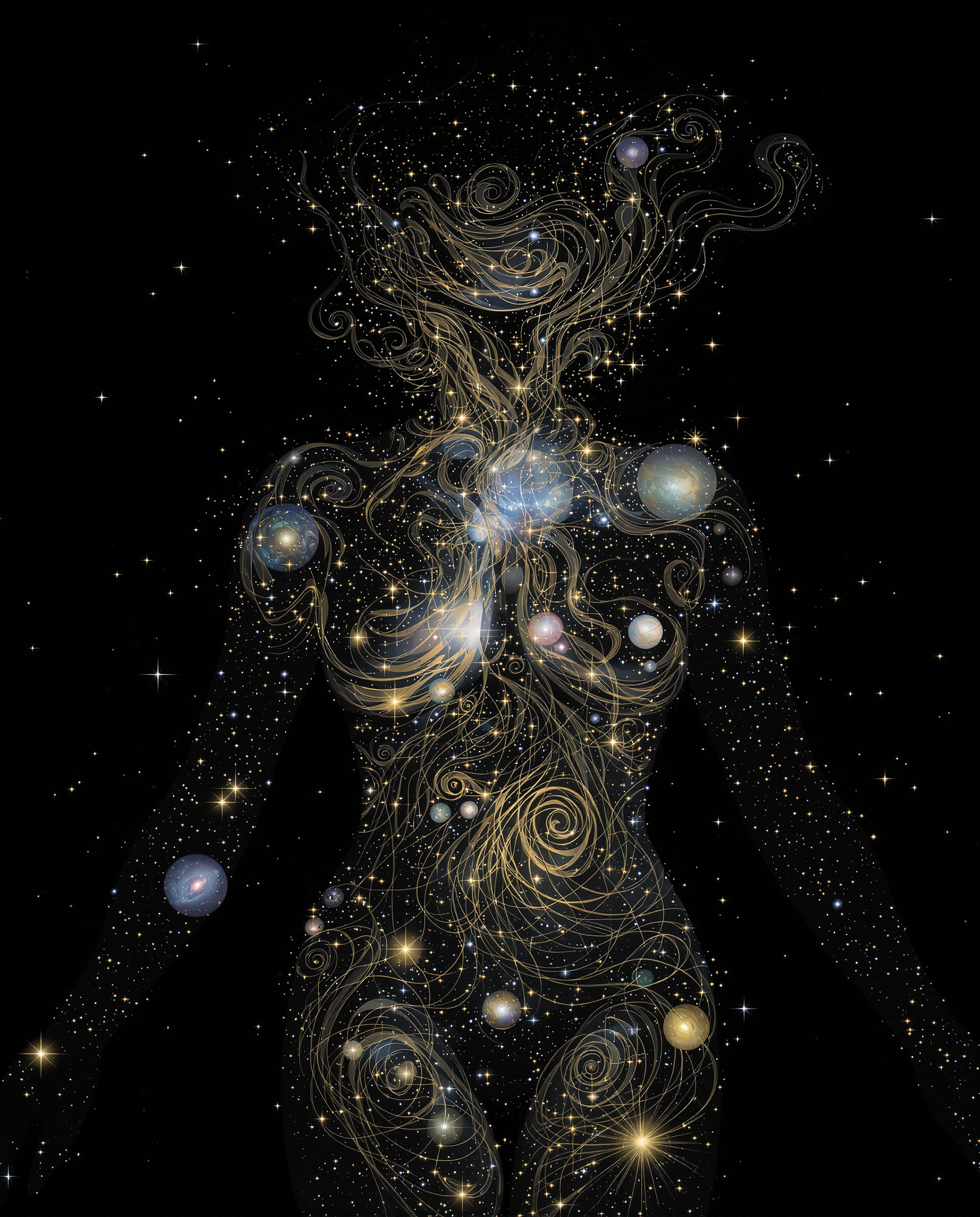 This image is a realistic photo (photograph) of a female real person digital artwork that exudes a sense of mystery and otherworldliness. The art style is reminiscent of surrealism, with a focus on dreamlike imagery and a blend of organic and cosmic elements.The medium appears to be a digital painting, utilizing advanced software to create a high level of detail and texture. The image is set against a dark, almost black background that serves to highlight the subject and the intricate patterns.The colors in the image are primarily dark and moody, with a few bright spots that add contrast and draw the eye. The predominant colors are shades of black, gray, and touches of blue and gold, which give the image a celestial feel. The patterns on the subjects body are a mix of swirling lines and shapes that resemble celestial bodies and natural forms, such as leaves and petals.The objects in the image are primarily the subjects body and the swirling patterns that adorn it. The subjects body is the central focus, with the patterns creating a sense of movement and fluidity. The patterns are reminiscent of galaxy images, with stars and nebulae scattered throughout, giving the impression that the subject is a part of the cosmos.Overall, the image is a captivating blend of human form and cosmic imagery, creating a sense of wonder and introspection. The use of dark colors and intricate patterns draws the viewer into a world that is both familiar and alien, inviting them to ponder the mysteries of the universe and their place within it.