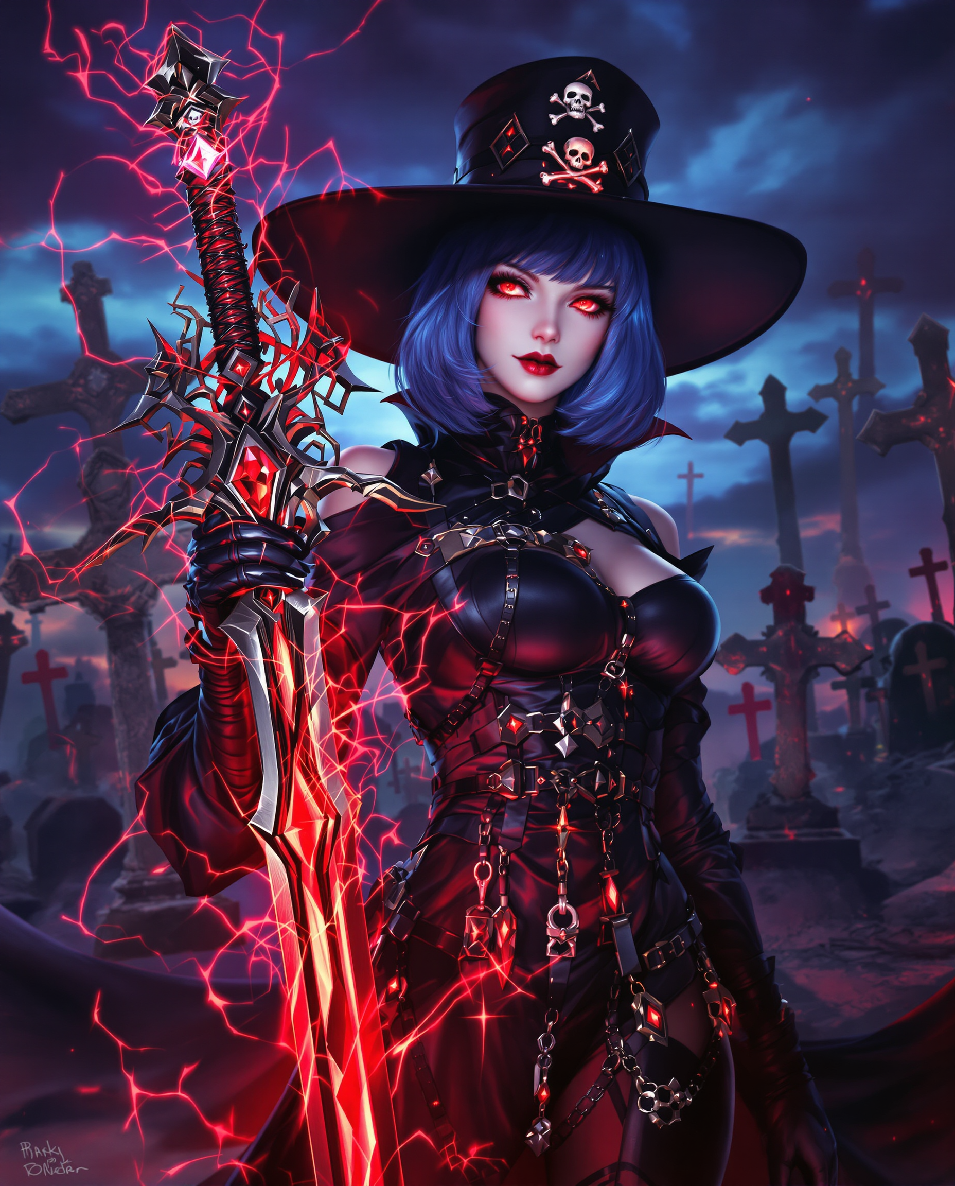 This is a realistic photo (photograph) of a female real person intricate and detailed digital artwork that features a central figure in a gothic and fantasy style. The character is a female with striking blue hair, which is styled in a bob cut and is adorned with what appears to be a skull and crossbones accessory. Her eyes are a vivid red, which stands out against her pale skin and the dark tones of her outfit. The character is dressed in a black leather outfit with a high neckline and a wide brimmed hat, which is also black with a similar skull and crossbones motif. The outfit is detailed with chains, buckles, and straps, and there are red highlights that seem to glow, giving the outfit a dynamic and almost otherworldly quality. She is holding a sword with a red gemstone in the hilt, and the blade is adorned with intricate designs and patterns, suggesting a magical or enchanted weapon. The sword is also emitting a red glow, which matches the red highlights on her outfit. The background of the image is a cemetery with numerous crosses, and the atmosphere is dark and moody, with a stormy sky and a sense of foreboding. There are blue and purple hues in the sky, and the light from the sword and the red highlights on the characters outfit create a stark contrast, drawing the viewers attention to her figure. The overall art style is high fantasy with a gothic influence, and the medium appears to be digital painting, given the smooth gradients and the lack of texture that one might expect in traditional painting mediums. The colors are rich and vibrant, with a strong emphasis on the reds and blues, which create a dramatic and intense visual impact.