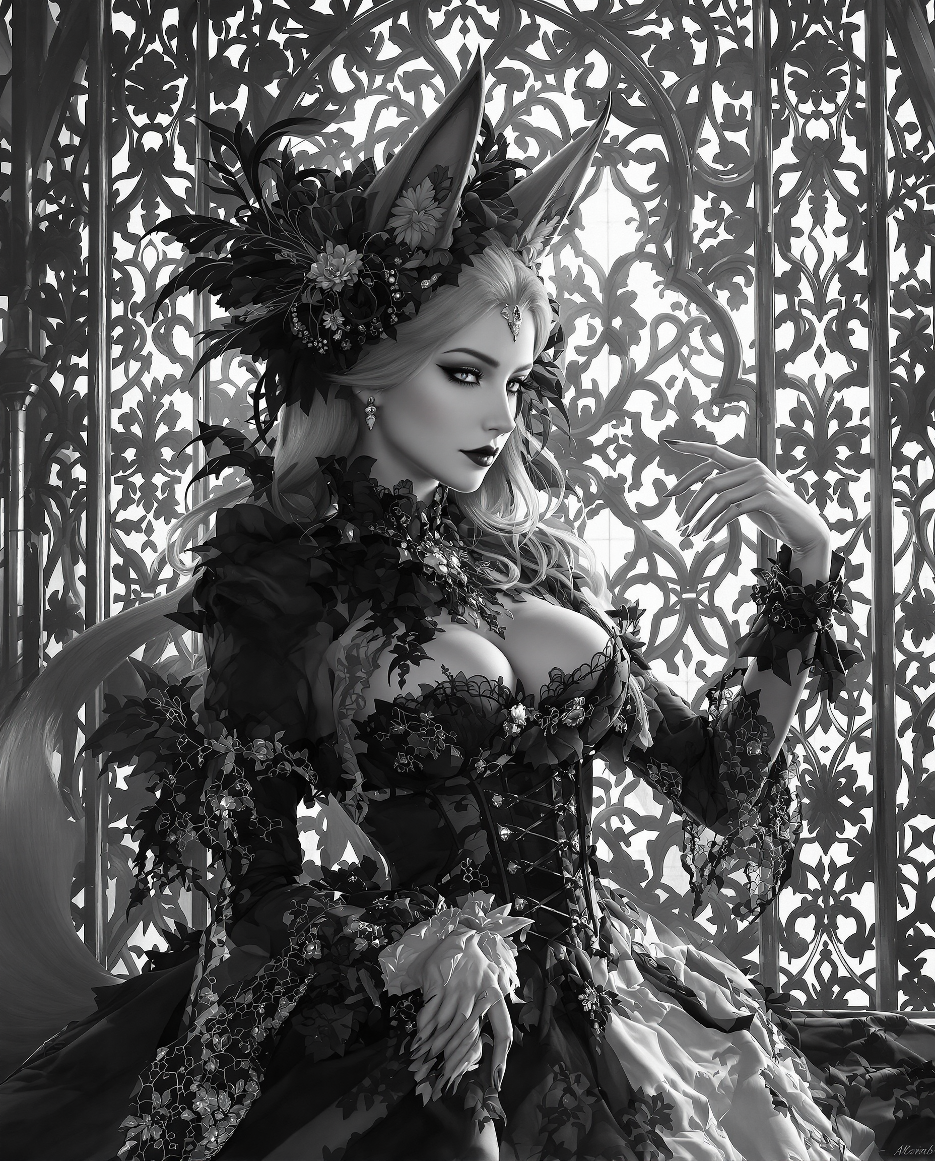 This image is a realistic photo (photograph) of a female real person highly detailed and stylized digital illustration, predominantly in black and white with selective use of grayscale tones. The art style is realistic with a gothic and fantasy influence, characterized by its intricate line work, dramatic shading, and the presence of fantastical elements.The subject of the image is a figure with a foxlike appearance, including pointed ears and a tail, which is a common trope in gothic and fantasy realism. The figure is adorned in elaborate gothic inspired attire that features lace, ruffles, and floral motifs, which are intricately designed and layered. The clothing is predominantly black with touches of white and gray, and the textures are rendered with a high degree of realism, giving the fabric a soft, almost velvety appearance.The figures pose is dynamic and graceful, with one arm extended and the other bent at the elbow, as if caught in a moment of movement or contemplation. The fingers are delicately poised, with one hand gently touching the hair and the other slightly raised. The figures attire is detailed with lace cuffs and a corsetstyle bodice that accentuates the figures silhouette, contributing to the overall dramatic and elegant aesthetic.The background of the image is a complex and ornate lattice of metalwork, reminiscent of a gothic window or a trellis. The lattice is filled with intricate floral and geometric patterns, and it casts a dappled light across the scene, creating a play of light and shadow that adds depth and dimension to the image. The light source appears to be coming from the top left corner, illuminating the figure and the lattice, and casting the rest of the scene in a more subdued light.The medium of the image is digital painting, as evidenced by the smooth gradients, seamless blending of colors, and the absence of brush strokes or other traditional painting techniques. The colors used are primarily black, white, and shades of gray, with touches of silver and gold to highlight the textures and details of the figures clothing and the lattice in the background.Overall, the image exudes a sense of elegance, mystery, and fantasy, with a strong emphasis on the interplay of light, shadow, and texture, and the blending of gothic and fantasy elements with realistic influences.