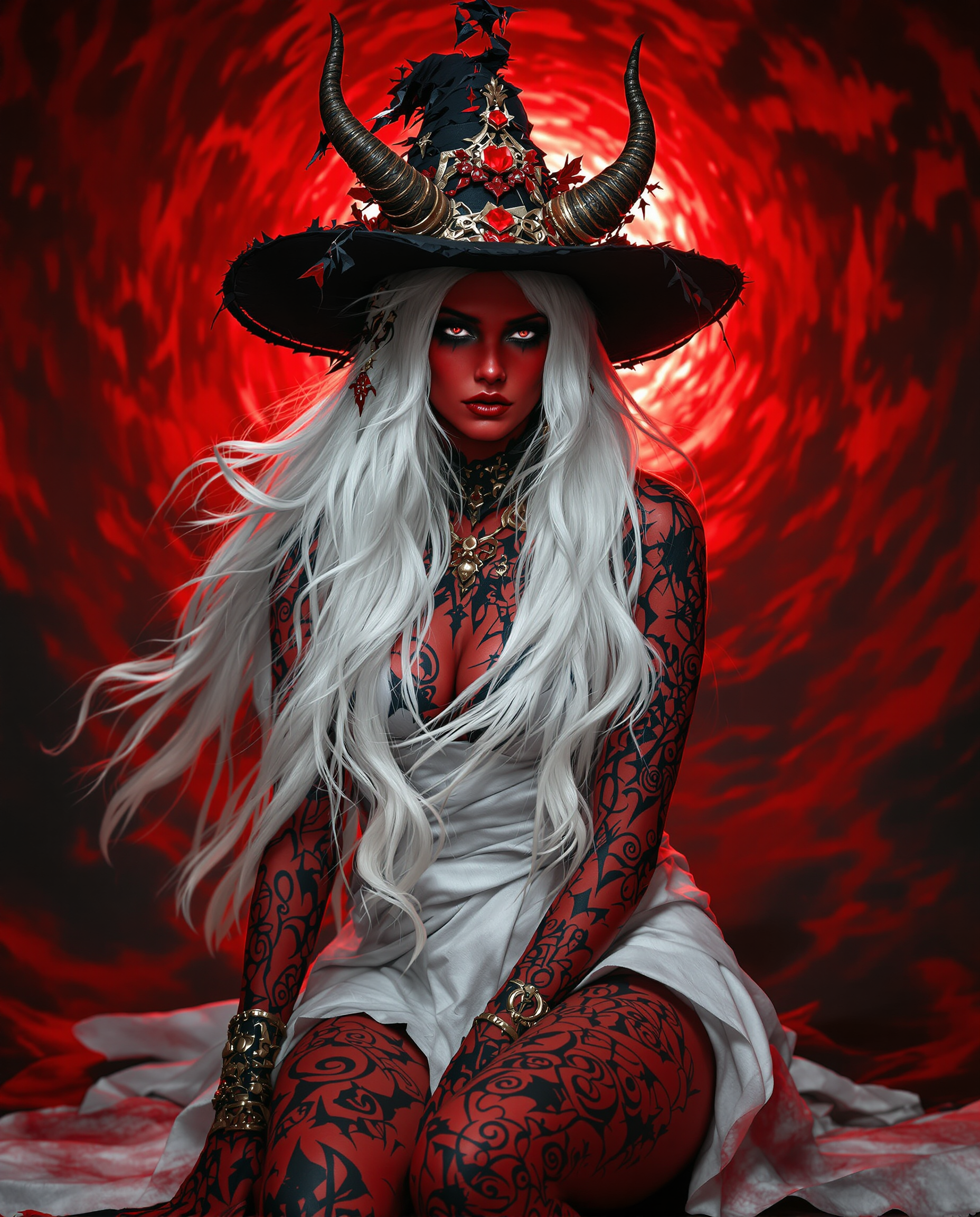 A highly detailed photorealistic photograph of a real female person embodying a gothic witch, with deep red skin contrasting her long flowing white hair, captured in dramatic cinematic lighting with intricate shadows and textures. She wears a wide-brimmed black hat adorned with tattered red and gold ornaments and horns, paired with a white garment wrapped around her body, revealing bare arms and legs decorated in swirling black and red rune-like patterns. The background swirls with red and black masses evoking a stormy portal, in 8K resolution with shallow depth of field from a 50mm lens.