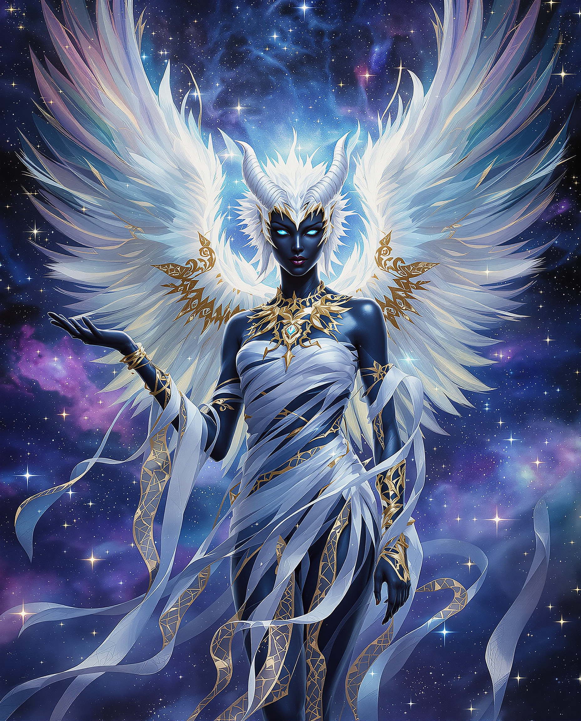 This is a realistic photo (photograph) of a female real person image that exudes a sense of fantasy and otherworldliness. The art style is reminiscent of digital painting, with a high level of detail and attention to texture and color. The medium appears to be a digital canvas, allowing for a smooth blend of colors and a seamless transition between elements.The colors in the image are rich and vibrant, with a predominance of blues and purples that give the piece a cosmic and ethereal quality. The blues range from deep navy to light sky blue, with various shades of purple adding depth and contrast. There are also touches of gold and white, which provide a warm, luminous contrast to the cool tones.The objects in the image are numerous and intricate. At the center, there is a figure that seems to be a fusion of human and celestial elements. The figure has a humanoid form with a slender, elongated torso and limbs that taper towards the ends. The skin of the figure is a deep, glossy black, which stands out against the surrounding cosmic backdrop.The figures head is adorned with a white, horned headdress that seems to be made of feathers or some other soft, organic material. The horns are curved and taper towards the tips, giving the figure a regal and powerful presence. The figures eyes are a piercing blue, which seem to glow with an inner light.The figures arms are raised, and one hand is extended, palm up, as if in a gesture of command or invitation. The other hand is clenched into a fist, which adds to the dynamic posture of the figure. The fingers of the extended hand are adorned with rings, which are detailed with intricate designs and set with what appear to be precious stones.The figures body is wrapped in a flowing garment that seems to be made of a translucent, ribbonlike material. The garment is adorned with golden patterns and embellishments that shimmer against the cosmic backdrop. The ribbons cascade down the figures body, creating a sense of movement and fluidity.The figures wings are expansive and feathered, with a gradient of colors that blend from the deep blue of the figures skin to the lighter hues of the surrounding space. The wings are adorned with golden patterns and embellishments, which catch the light and reflect the cosmic energy around them.The background of the image is a swirling cosmos, filled with stars and nebulae. The stars twinkle with a soft, gentle light, while the nebulae are a tapestry of blues, purples, and whites, with streaks of gold and silver that suggest the movement of cosmic dust and gas. The swirling patterns and the interplay of light and shadow give the impression of a vast, infinite universe.Overall, the image is a stunning representation of fantasy and cosmic wonder, with a figure that seems to be a powerful being, perhaps a deity or an angel, commanding the forces of the universe. The attention to detail and the use of color and texture create a sense of depth and realism, making the viewer feel as if they are peering into a realm beyond our own.