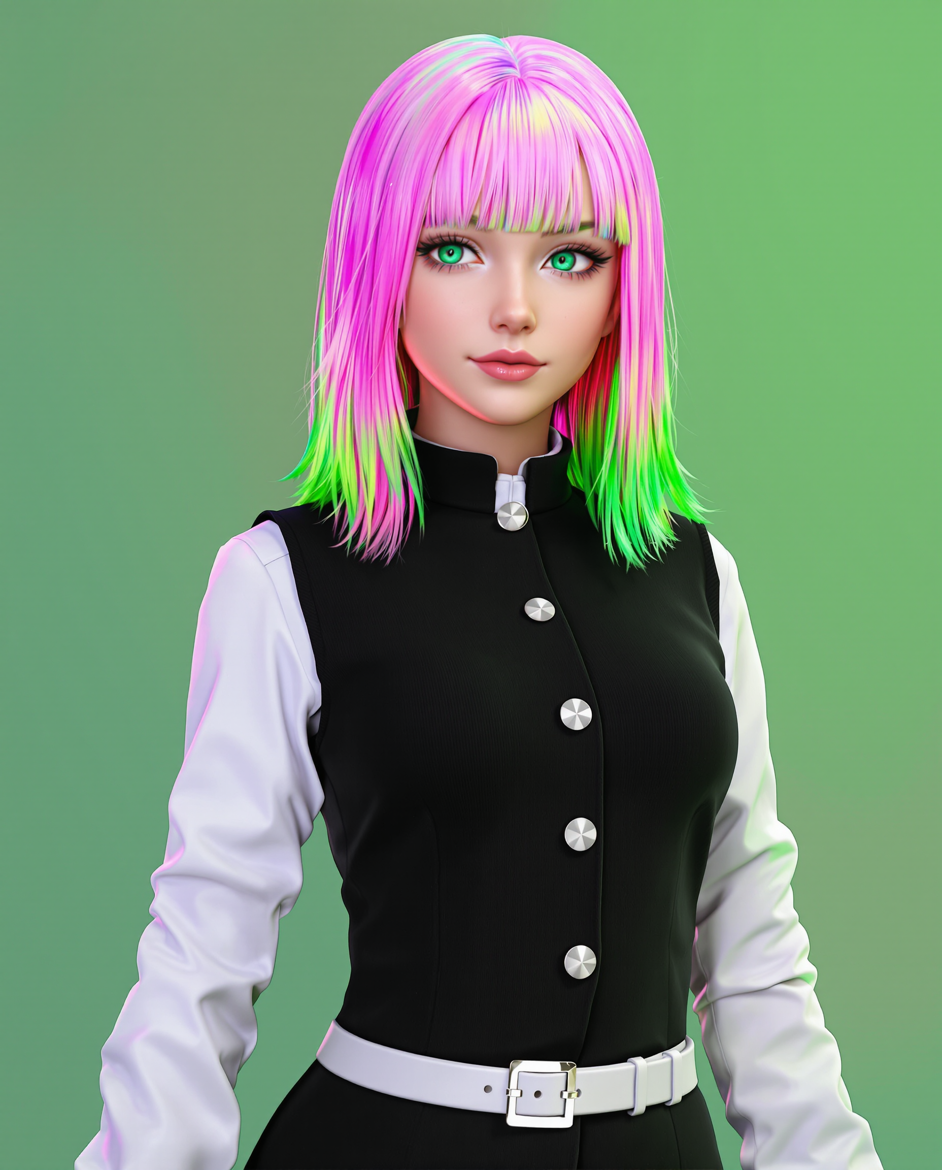 This image is a realistic photo (photograph) of a female real person digital artwork that showcases a highly detailed and realistic 3D rendering of a female figure. The art style is realistic, with a focus on the characters facial features and hair, which are rendered with a high level of detail and softness.The medium appears to be a computer generated 3D model, which is evident from the smooth texture and lighting of the characters skin, hair, and clothing. The rendering technique used gives the image a lifelike quality, with a high level of realism.The colors in the image are vibrant and wellbalanced. The characters hair is a gradient of pink and green, with the pink at the roots blending into a lighter shade towards the ends. The green at the ends of the hair is a bright, almost neon color that stands out against the pink. The characters eyes are a striking shade of green, with long, dark lashes and a hint of reflection that adds depth.The character is wearing a black and white outfit that appears to be a school uniform or a similar formal attire. The black part of the outfit is a fitted, buttoned vest with a high collar and a white shirt underneath. The white shirt has a neat, crisp appearance with a visible collar and buttons. The outfit is completed with a white belt that cinches the waist, giving the character a slender silhouette.The background of the image is a simple, gradient green that fades from a darker shade at the top to a lighter shade at the bottom. This background choice allows the viewer to focus solely on the character without any distractions.Overall, the image is a testament to the skill involved in creating a lifelike 3D rendering with attention to detail, color, and lighting. The characters design and the choice of clothing add to the overall aesthetic, making the image both visually appealing and thematically rich.