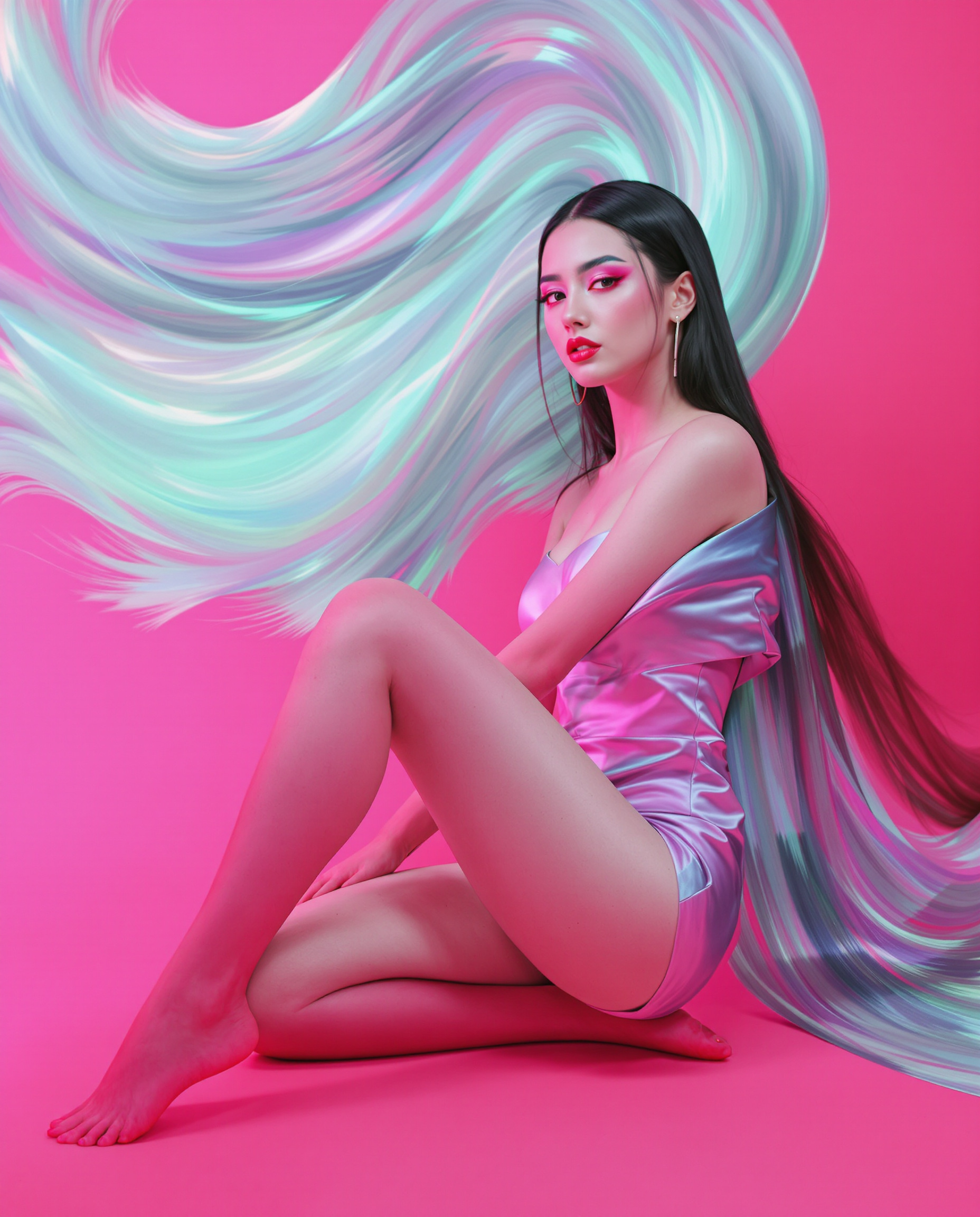 This image is a realistic photo (photograph) of a female real person  that showcases a blend of artistic elements that contribute to its aesthetic appeal. Composition The subject is placed centrally, which is a common compositional technique that draws the viewers eye directly to the focal point. The subjects pose is dynamic, with one knee bent and the other leg extended, which adds movement to the still image. The use of negative space is clever, with the subjects hair and clothing flowing around the edges, creating a sense of depth and continuity. The color contrast between the subjects hair and the vibrant pink background is striking, drawing attention and adding visual interest.Lighting The lighting in the image is soft and diffused, likely a result of studio lighting, which casts gentle shadows and highlights the subjects features without harshness. The lighting accentuates the curves of the subjects body and the texture of her hair, contributing to the overall sensual and dreamy quality of the image. The lighting also creates a gradient effect on the subjects hair, with the ends appearing darker against the lighter background, which adds dimension and complexity to the image.Style The style of the image is reminiscent of contemporary digital art with a touch realistic influence, as suggested by the subjects exaggerated features and the vibrant, almost neonlike colors. The subjects outfit, which appears to be a stylized version of traditional clothing, adds to the fantasy element, suggesting a narrative or character inspiration. The overall style of the image is sleek and modern, with a focus on clean lines and a polished finish.The combination of these elements creates an image that is both visually striking and thematically rich, inviting viewers to interpret the story or emotion behind the subjects expression.