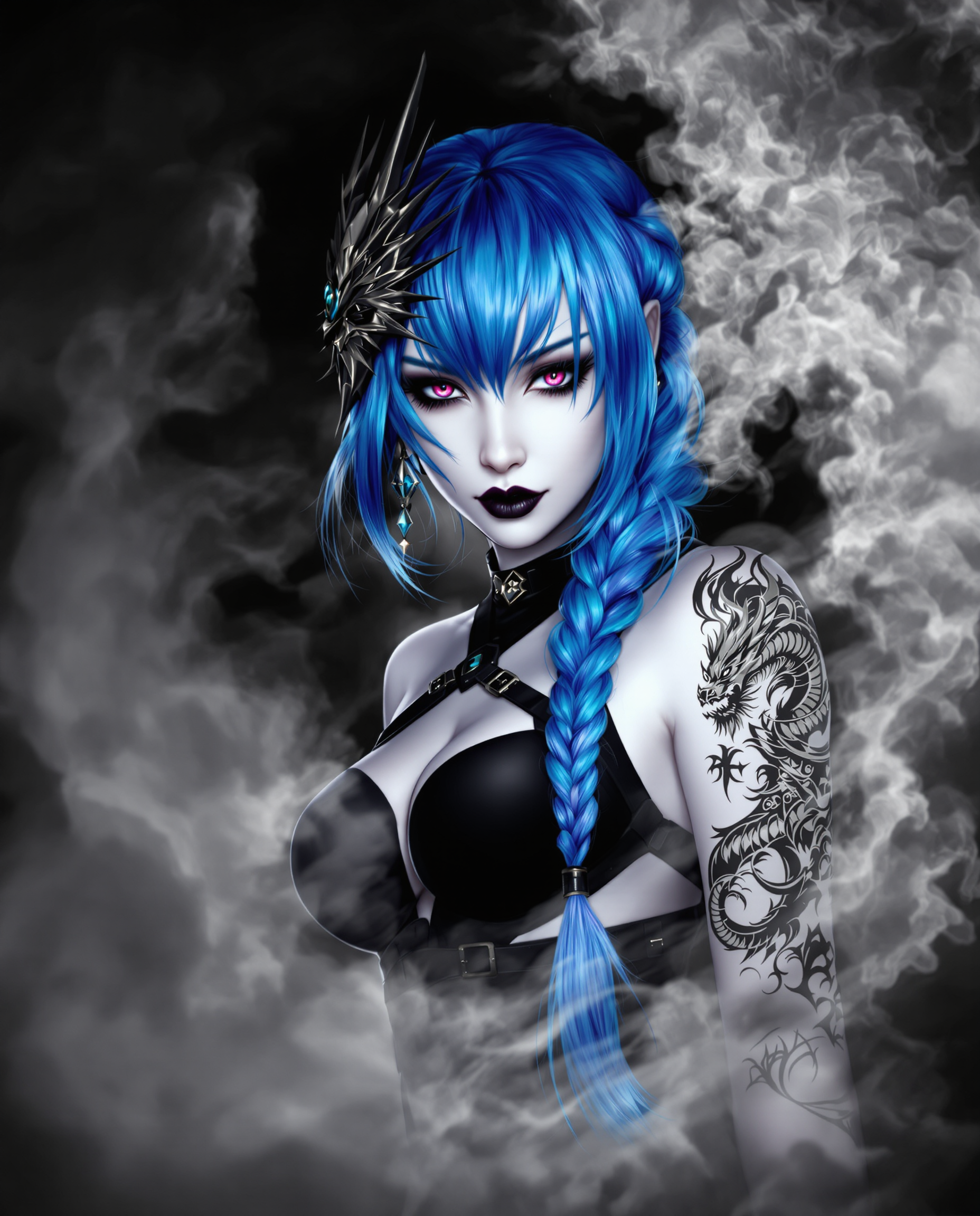 This is a realistic photo (photograph) of a female real person digital illustration that features a stylized female figure with a bold and dramatic art style. The medium appears to be a digital painting, given the smooth gradients and the lack of texture that one might expect from traditional mediums like oil or acrylic paints.The colors in the image are striking and monochromatic, with a limited palette that includes shades of black, white, and various grays. The figures hair is a vivid blue, which stands out against the predominantly dark background. The blue hair is styled into a long, flowing braid that cascades down the figures back, ending in a taillike extension with a blue gem at the end, she also has an oni demon mask on the side of her head.The figures skin is a pale white, which contrasts sharply with the blue hair and the black and gray tones of her clothing and accessories. Her eyes are a deep, rich purple, and they are detailed with a smoky effect that gives them a mysterious and otherworldly appearance. The figures makeup is bold, with a dark lip color that complements the purple eyes.On the figures right shoulder, there is a tattoo of a dragon, which is a common symbol of power and strength. The dragon is intricately designed with scales, claws, and wings, and it is depicted in a grayscale palette that contrasts with the blue hair and the figures skin.The figure is wearing a sleeveless top with a high neckline and a black harnesslike strap across the chest. The straps are detailed with buckles and metal accents, adding to the edgy and gothic feel of the outfit. The figures arms are covered in a cloudlike tattoo that extends from her shoulders down to her wrists.The background of the image is a swirling mass of smoke in various shades of gray, which gives the impression of a chaotic and tumultuous atmosphere. The smoke swirls around the figure, creating a sense of movement and enveloping her in an ethereal haze.Overall, the image is a powerful and dynamic piece of digital art that combines elements of fantasy, gothic, and tattoo culture to create a striking and memorable visual experience.