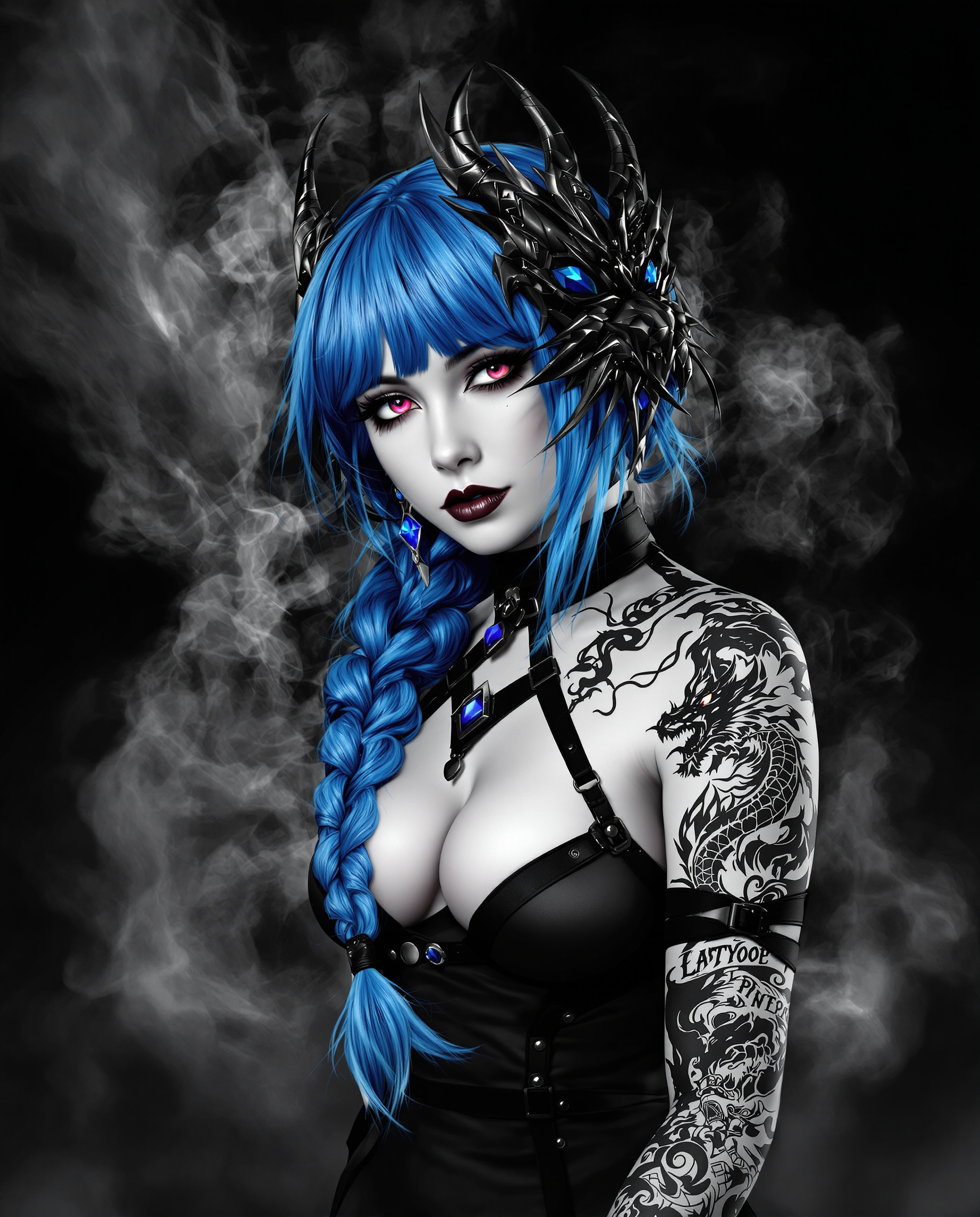 This is a realistic photo (photograph) of a female real person digital illustration that features a stylized female figure with a bold and dramatic art style. The medium appears to be a digital painting, given the smooth gradients and the lack of texture that one might expect from traditional mediums like oil or acrylic paints.The colors in the image are striking and monochromatic, with a limited palette that includes shades of black, white, and various grays. The figures hair is a vivid blue, which stands out against the predominantly dark background. The blue hair is styled into a long, flowing braid that cascades down the figures back, ending in a taillike extension with a blue gem at the end, she also has an oni demon mask on the side of her head.The figures skin is a pale white, which contrasts sharply with the blue hair and the black and gray tones of her clothing and accessories. Her eyes are a deep, rich purple, and they are detailed with a smoky effect that gives them a mysterious and otherworldly appearance. The figures makeup is bold, with a dark lip color that complements the purple eyes.On the figures right shoulder, there is a tattoo of a dragon, which is a common symbol of power and strength. The dragon is intricately designed with scales, claws, and wings, and it is depicted in a grayscale palette that contrasts with the blue hair and the figures skin.The figure is wearing a sleeveless top with a high neckline and a black harnesslike strap across the chest. The straps are detailed with buckles and metal accents, adding to the edgy and gothic feel of the outfit. The figures arms are covered in a cloudlike tattoo that extends from her shoulders down to her wrists.The background of the image is a swirling mass of smoke in various shades of gray, which gives the impression of a chaotic and tumultuous atmosphere. The smoke swirls around the figure, creating a sense of movement and enveloping her in an ethereal haze.Overall, the image is a powerful and dynamic piece of digital art that combines elements of fantasy, gothic, and tattoo culture to create a striking and memorable visual experience.
