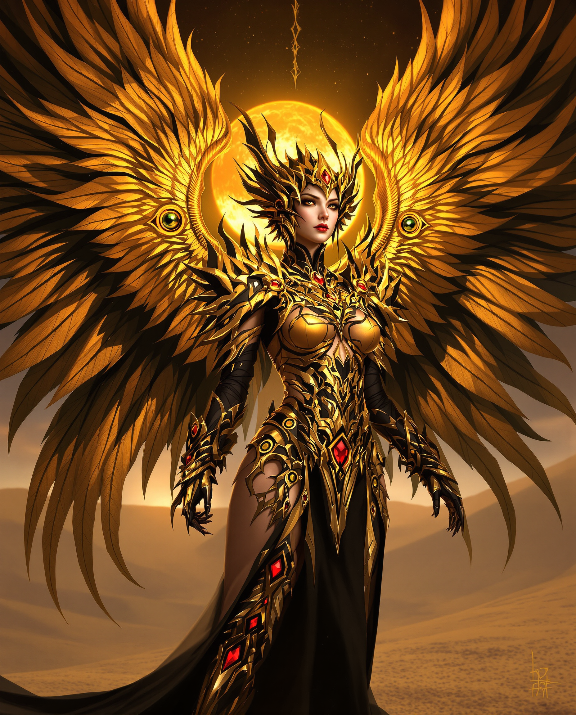 This is a realistic photo (photograph) of a female real person image that features a character with a highly stylized and fantastical appearance. The art style is realistic, with a focus on high quality line work, smooth shading, and a detailed colors.The medium appears to be digital painting, given the smooth blending of colors and the lack of texture that might be present in traditional mediums like oil or watercolor.The colors in the image are rich and dynamic, with a predominance of gold and black, which gives the character a regal and somewhat ominous presence. The gold is depicted with a high level of detail, with intricate patterns and highlights that catch the light, giving the wings and armor a threedimensional quality. The black is used for the characters clothing and the background, which contrasts sharply with the gold, drawing the eye to the figure.The objects in the image are primarily the characters wings and armor. The wings are expansive and ornate, with featherlike patterns and circular motifs that resemble eyes, giving them a sense of intelligence and power. The armor is equally elaborate, with a mix of organic and mechanical elements, and is adorned with red jewels that stand out against the gold, adding a pop of color to the otherwise monochromatic scheme.The background of the image is sparse, with just a few hints of a desert landscape, which focuses the viewers attention on the character. The lighting in the image is dramatic, with the sun casting a warm glow on the character, creating a play of light and shadow that adds depth and dimension to the scene.Overall, the image exudes a sense of fantasy, power, and elegance, with a strong emphasis on the characters detailed design and the interplay of light and color.