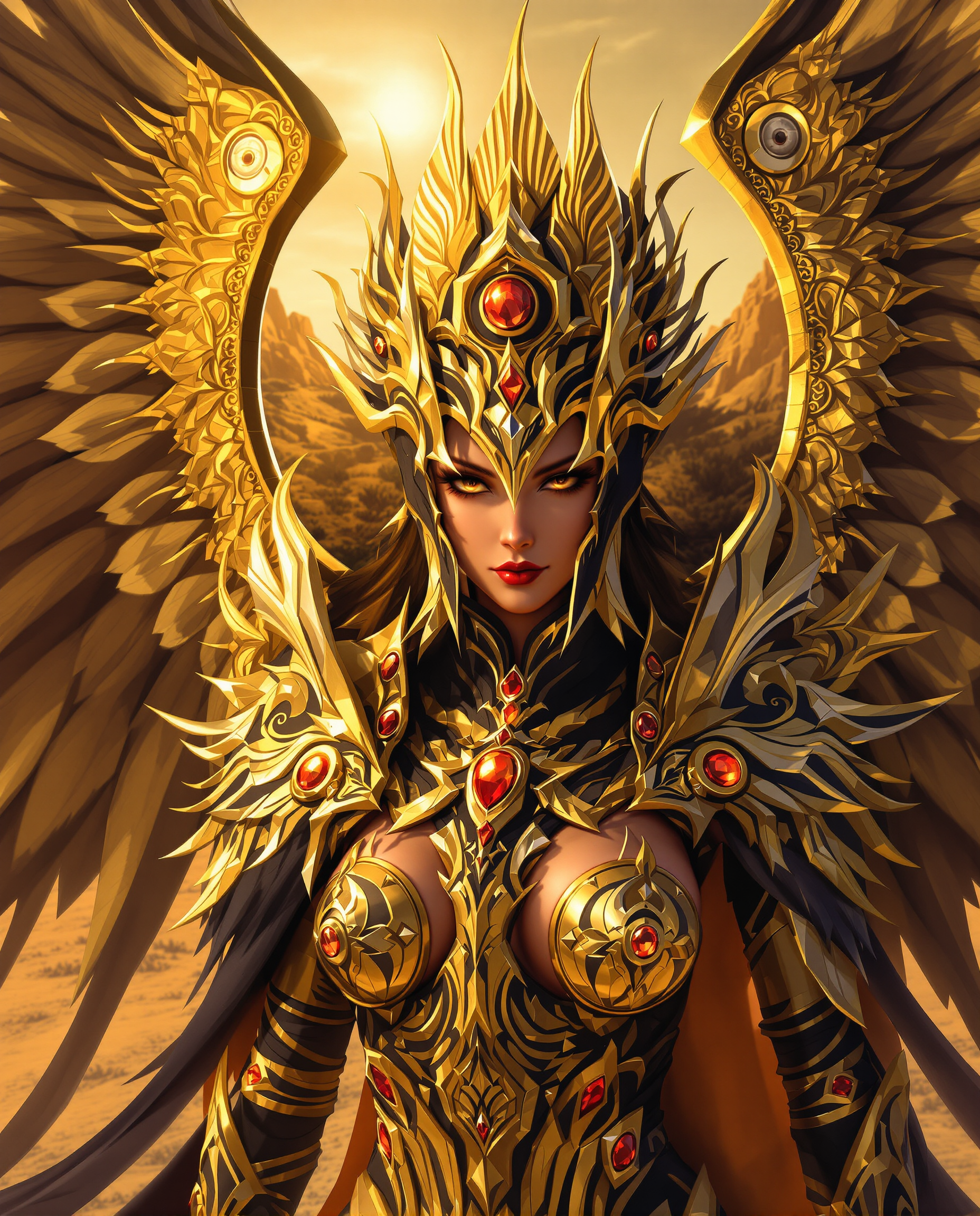 This is a realistic photo (photograph) of a female real person image that features a character with a highly stylized and fantastical appearance. The art style is realistic, with a focus on high quality line work, smooth shading, and a detailed colors.The medium appears to be digital painting, given the smooth blending of colors and the lack of texture that might be present in traditional mediums like oil or watercolor.The colors in the image are rich and dynamic, with a predominance of gold and black, which gives the character a regal and somewhat ominous presence. The gold is depicted with a high level of detail, with intricate patterns and highlights that catch the light, giving the wings and armor a threedimensional quality. The black is used for the characters clothing and the background, which contrasts sharply with the gold, drawing the eye to the figure.The objects in the image are primarily the characters wings and armor. The wings are expansive and ornate, with featherlike patterns and circular motifs that resemble eyes, giving them a sense of intelligence and power. The armor is equally elaborate, with a mix of organic and mechanical elements, and is adorned with red jewels that stand out against the gold, adding a pop of color to the otherwise monochromatic scheme.The background of the image is sparse, with just a few hints of a desert landscape, which focuses the viewers attention on the character. The lighting in the image is dramatic, with the sun casting a warm glow on the character, creating a play of light and shadow that adds depth and dimension to the scene.Overall, the image exudes a sense of fantasy, power, and elegance, with a strong emphasis on the characters detailed design and the interplay of light and color.