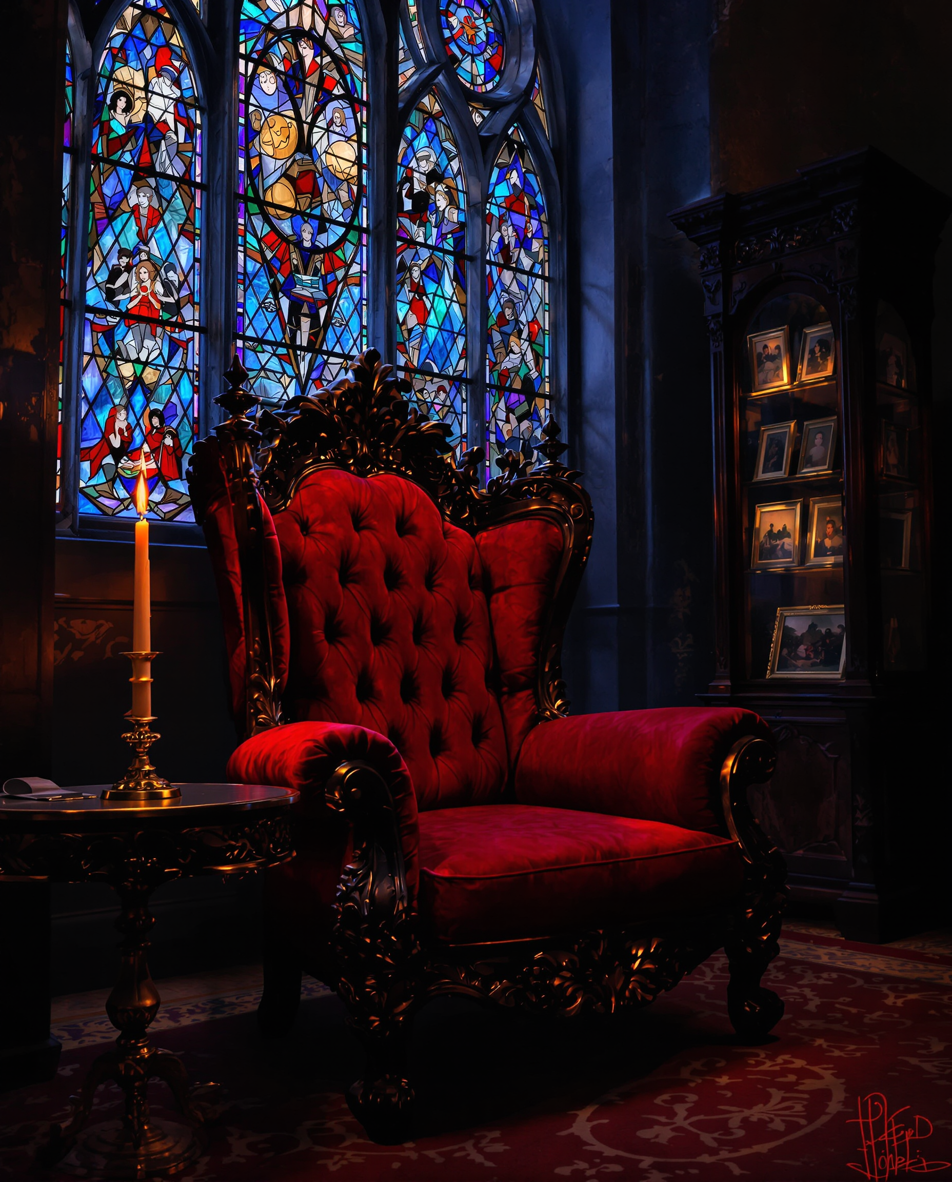 This image is a realistic photo (photograph) of a female real person digital artwork that exudes a gothic and fantasy vibe. The art style is reminiscent of high fantasy, with a focus on detailed textures and a rich, atmospheric color palette. The medium appears to be a digital painting, given the smooth blending of colors and the lack of brush strokes.The colors in the image are quite dramatic and moody. The dominant hues are deep reds and blues, which create a sense of foreboding and mystery. The reds are rich and saturated, with a hint of maroon, while the blues are a deep navy, almost black. These colors are set against the intricate patterns of the stained glass window, which adds a touch of elegance and complexity to the composition.The objects in the image are numerous and contribute to the overall atmosphere. At the center is a sumptuous, red velvet armchair with ornate wooden carvings. The chairs upholstery is plush and appears to be in excellent condition, suggesting a sense of luxury and power. The chairs design is reminiscent of baroque furniture, with curved lines and elaborate scrollwork.On the left side of the chair, there is a small, round side table with a gilded frame. Atop the table sits a tall, slender candlestick with a lit candle, casting a warm, flickering light that contrasts with the cool tones of the room. The candle adds a sense of intimacy and warmth to the otherwise cold and imposing setting.Behind the chair, there is a large, stained glass window that dominates the back wall. The window is filled with intricate designs and patterns, primarily in shades of blue and red, with hints of green and yellow. The light filtering through the window creates a play of light and shadow across the room, adding depth and dimension to the space.On the right side of the chair, there is a tall, dark wooden cabinet with glass doors. Inside the cabinet, there are several framed pictures, each depicting different scenes and characters. The cabinet adds a sense of history and personalization to the room, suggesting that the occupant has a taste for the arts and perhaps a collection of memories.The floor is covered in a patterned carpet that complements the overall aesthetic of the room. The carpets design is simple yet elegant, with a repeating motif that ties the room together.Overall, the image is a rich tapestry of textures, colors, and objects that come together to create a compelling and immersive fantasy scene.