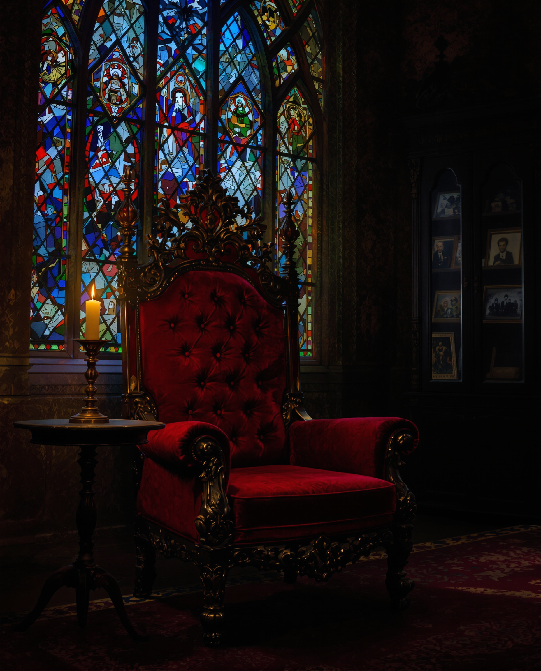 This image is a realistic photo (photograph) of a female real person digital artwork that exudes a gothic and fantasy vibe. The art style is reminiscent of high fantasy, with a focus on detailed textures and a rich, atmospheric color palette. The medium appears to be a digital painting, given the smooth blending of colors and the lack of brush strokes.The colors in the image are quite dramatic and moody. The dominant hues are deep reds and blues, which create a sense of foreboding and mystery. The reds are rich and saturated, with a hint of maroon, while the blues are a deep navy, almost black. These colors are set against the intricate patterns of the stained glass window, which adds a touch of elegance and complexity to the composition.The objects in the image are numerous and contribute to the overall atmosphere. At the center is a sumptuous, red velvet armchair with ornate wooden carvings. The chairs upholstery is plush and appears to be in excellent condition, suggesting a sense of luxury and power. The chairs design is reminiscent of baroque furniture, with curved lines and elaborate scrollwork.On the left side of the chair, there is a small, round side table with a gilded frame. Atop the table sits a tall, slender candlestick with a lit candle, casting a warm, flickering light that contrasts with the cool tones of the room. The candle adds a sense of intimacy and warmth to the otherwise cold and imposing setting.Behind the chair, there is a large, stained glass window that dominates the back wall. The window is filled with intricate designs and patterns, primarily in shades of blue and red, with hints of green and yellow. The light filtering through the window creates a play of light and shadow across the room, adding depth and dimension to the space.On the right side of the chair, there is a tall, dark wooden cabinet with glass doors. Inside the cabinet, there are several framed pictures, each depicting different scenes and characters. The cabinet adds a sense of history and personalization to the room, suggesting that the occupant has a taste for the arts and perhaps a collection of memories.The floor is covered in a patterned carpet that complements the overall aesthetic of the room. The carpets design is simple yet elegant, with a repeating motif that ties the room together.Overall, the image is a rich tapestry of textures, colors, and objects that come together to create a compelling and immersive fantasy scene.