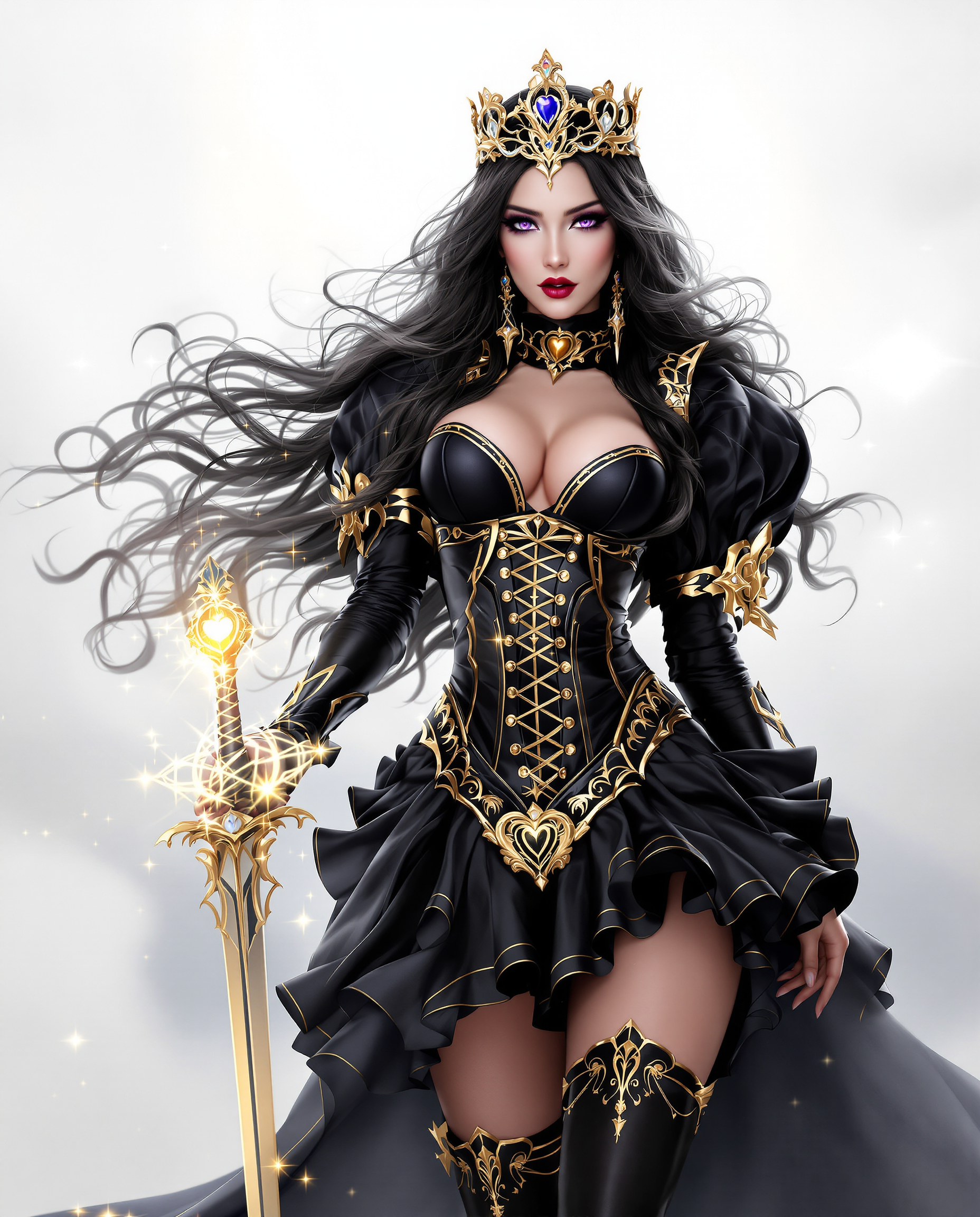 A highly detailed realistic photo (photograph) of a female real person in a realistic style, featuring a striking young woman with long, flowing black hair cascading in wavy strands, adorned with a golden crown embedded with jewels. She has sharp, intense purple eyes with a confident gaze directed at the viewer, fair skin, and a voluptuous figure. She wears an elaborate black and gold outfit resembling a mix of Victorian gothic dress and armor: a form-fitting black bodice with gold trimmings, lace-up front exposing cleavage, puffed sleeves that flare out dramatically, a high collar, and a heart-shaped buckle on her belt. The outfit includes a short frilled skirt, black thigh-high stockings with garter straps, glossy black high-heeled boots, and black gloves. She dynamically poses with one arm extended, wielding a ornate golden rapier sword with a intricate hilt, the blade gleaming with magical energy trails. The background is a soft white void with subtle sparkling particles and ethereal wisps, emphasizing motion and elegance. Rendered in vibrant colors dominated by deep blacks, metallic golds, and subtle blues, with high contrast, sharp linework, soft shading, and a sense of dramatic fantasy empowerment, ultra-detailed, 8k resolution.