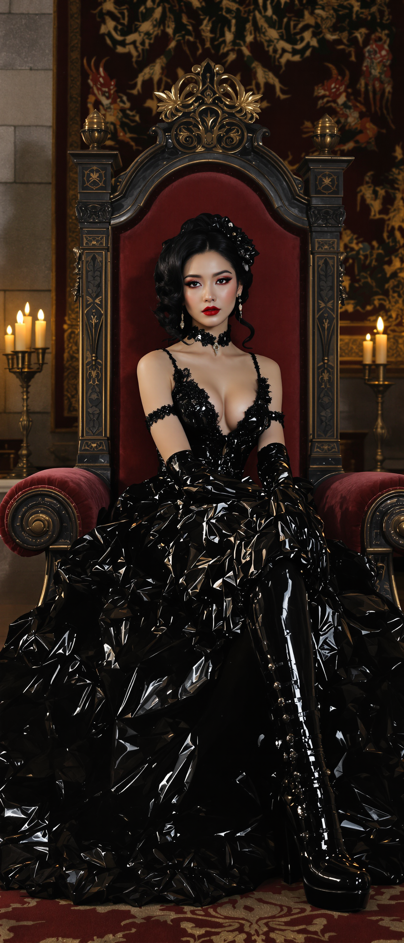 A hyper-realistic portrait of a young, elegant Chinese woman exuding timeless sensuality, her romantic black updo with cascading curls framing her face as she sits gracefully on a velvet couch in a grand medieval throne room. She wears a Victorian-era Lolita gown of glossy black latex that reflects light with liquid-like brilliance, highlighting every detailed ruffle and bow, paired with black lace gloves and shiny black latex boots featuring 6-inch chunky heels and polished silver buckles. Captured from a low angle with cinematic depth of field using a 50mm lens in 8K ultra-detailed resolution, the opulent stone walls, ancient tapestries, flickering torchlight casting warm golden glows, and eerie demonic figures lurking in the shadowy background evoke a nostalgic, high-contrast atmosphere of serene beauty and dramatic tension.