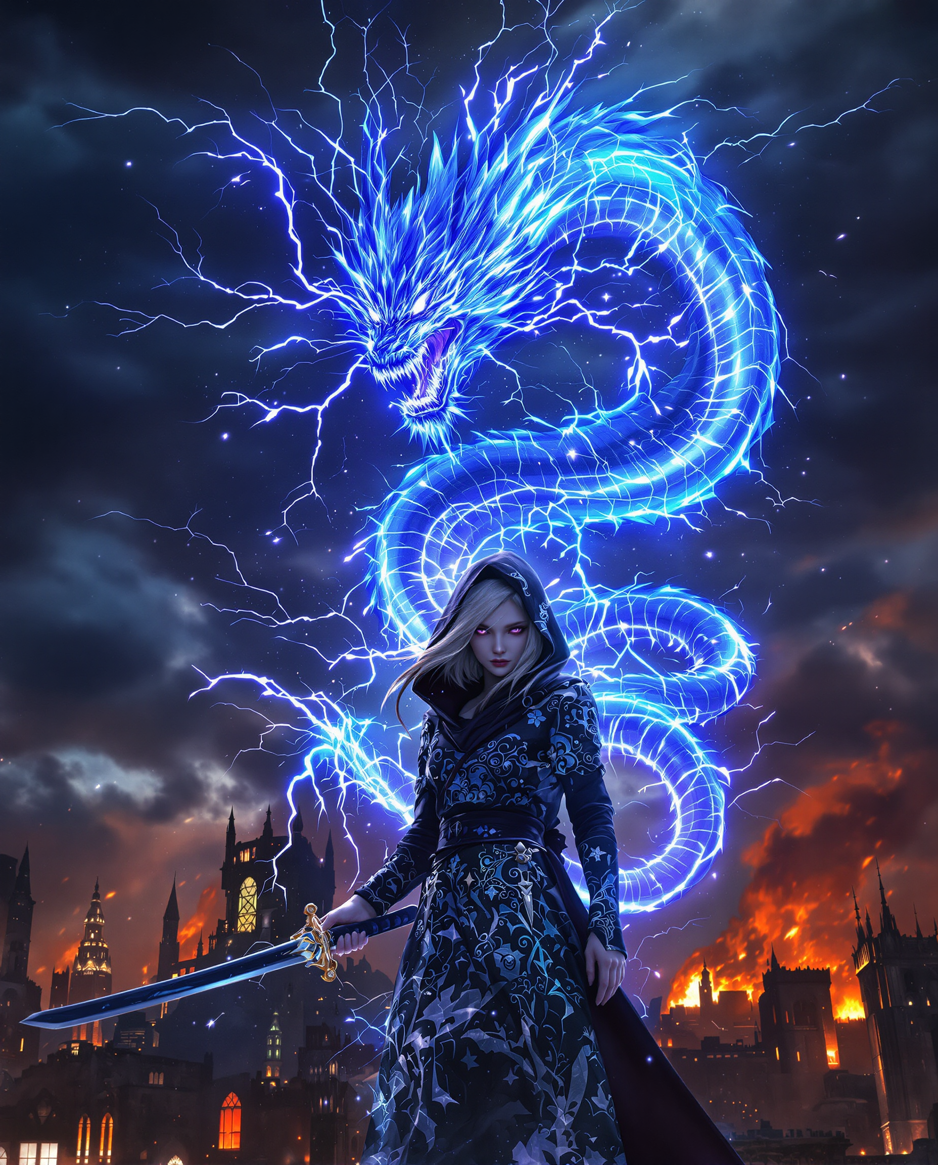 A highly detailed realistic photo (photograph) of a female real person of a mysterious young girl with pale white skin, short disheveled silver-white hair flowing wildly, and piercing glowing purple eyes, standing in a dramatic three-quarter back view with her head turned slightly towards the viewer, exuding an aura of dark power and intensity. She wears a hooded black cloak adorned with intricate glowing blue dragon embroidery and swirling patterns, the hood partially shadowing her face, with long sleeves and a belt holding a sheathed katana sword at her waist. Emerging dramatically from behind her is a massive, ethereal dragon spirit composed of crackling blue lightning and electric energy, with jagged crystalline wings spread wide, fierce snarling maw, clawed limbs, and a serpentine body coiling through the air, surrounded by sparks, bolts of electricity, and glowing particles in shades of cyan, turquoise, and electric blue. The background is a stormy night sky with dark clouds, faint silhouettes of ruined buildings or towers at the bottom, illuminated by an intense orange-yellow glow from below as if from flames or explosions, creating a high-contrast atmosphere of chaos and supernatural summoning. Rendered in a vibrant, high-quality, with meticulous linework, dynamic lighting effects, volumetric godrays from the energy, high resolution, sharp details on fabrics and energy textures, cinematic composition, epic scale, and a color palette dominated by deep blacks, vibrant blues, purples, and warm orange accents for dramatic tension.