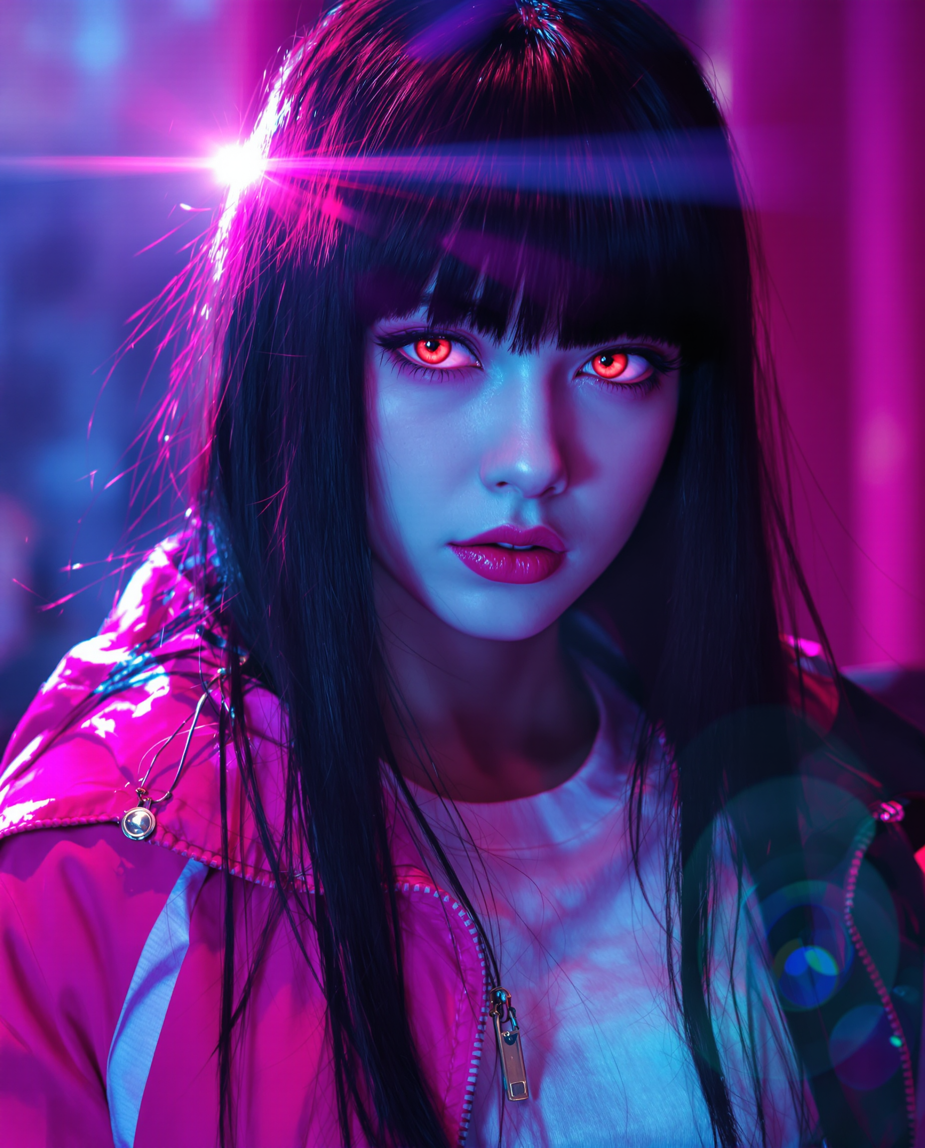 A highly detailed realistic photo (photograph) of a female real person close-up portrait of a mysterious young woman with long, straight black hair in blunt bangs framing her pale face, her piercing red eyes glowing intensely with a subtle crimson gleam, narrowed in a serious and slightly menacing expression, thin eyebrows furrowed, small nose, and neutral mouth set in determination. She wears a vibrant pink zip-up jacket with white accents over a white shirt, the fabric slightly glossy and reflecting soft light. The art style is modern realistic style, cel-shading, and dramatic lighting effects, featuring a bright lens flare from the upper left casting ethereal rays and highlights on her hair and skin, creating a high-contrast, atmospheric mood with cool blue tones in the background blending into warm pinks and whites. Emphasize hyper-realistic textures on the hair strands, subtle shadows under the eyes and chin, and a sense of otherworldly intensity, ultra-high resolution, 8K quality, vibrant color palette dominated by blacks, reds, pinks, and whites.