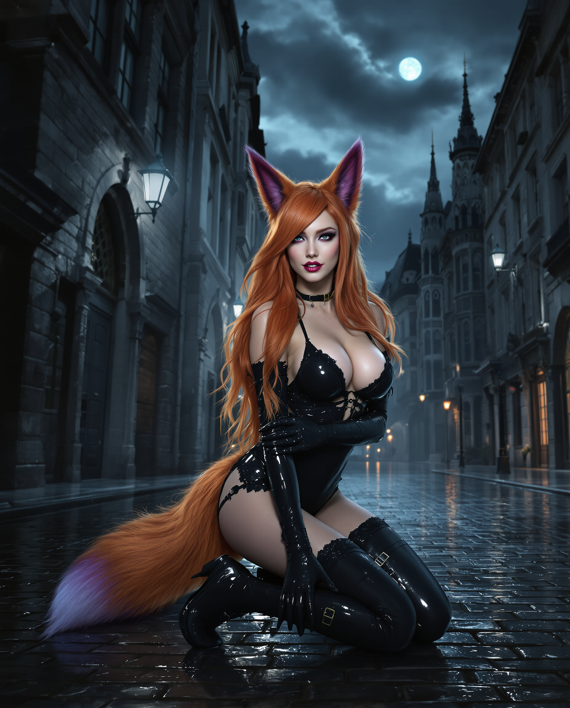 A highly detailed realistic photo (photograph) of a female real person in the style of modern fantasy art, featuring a seductive anthropomorphic fox girl with long flowing reddish-orange hair cascading down her back, fluffy fox ears atop her head, and a bushy fox tail with gradient fur from orange to purple tips. She has pale skin, sharp purple eyes with a piercing gaze directly at the viewer, small fangs visible in a slight smirk, and subtle blush on her cheeks. She is posed dynamically on a wet cobblestone street in a gothic Victorian city at night, kneeling with one leg bent forward and the other extended, her body arched sensually to emphasize curves. She wears a form-fitting black latex outfit including a short dress with lace-trimmed edges, deep V-neckline exposing cleavage, long sleeves with buckled straps, matching elbow-length gloves, and shiny thigh-high boots with platform heels and multiple buckles. The material has a glossy, reflective sheen, highlighting contours and rain droplets. Surrounding her is a moody urban alleyway with tall, dilapidated European-style buildings featuring pointed spires, arched windows, and ornate facades under a stormy gray sky with swirling dark clouds and faint moonlight filtering through. The scene is dimly lit with dramatic shadows, blue-gray color palette accented by warm orange highlights from her hair and tail, wet ground reflecting lights and her figure, evoking a mysterious, erotic atmosphere in high resolution, intricate linework, and vibrant contrasts.